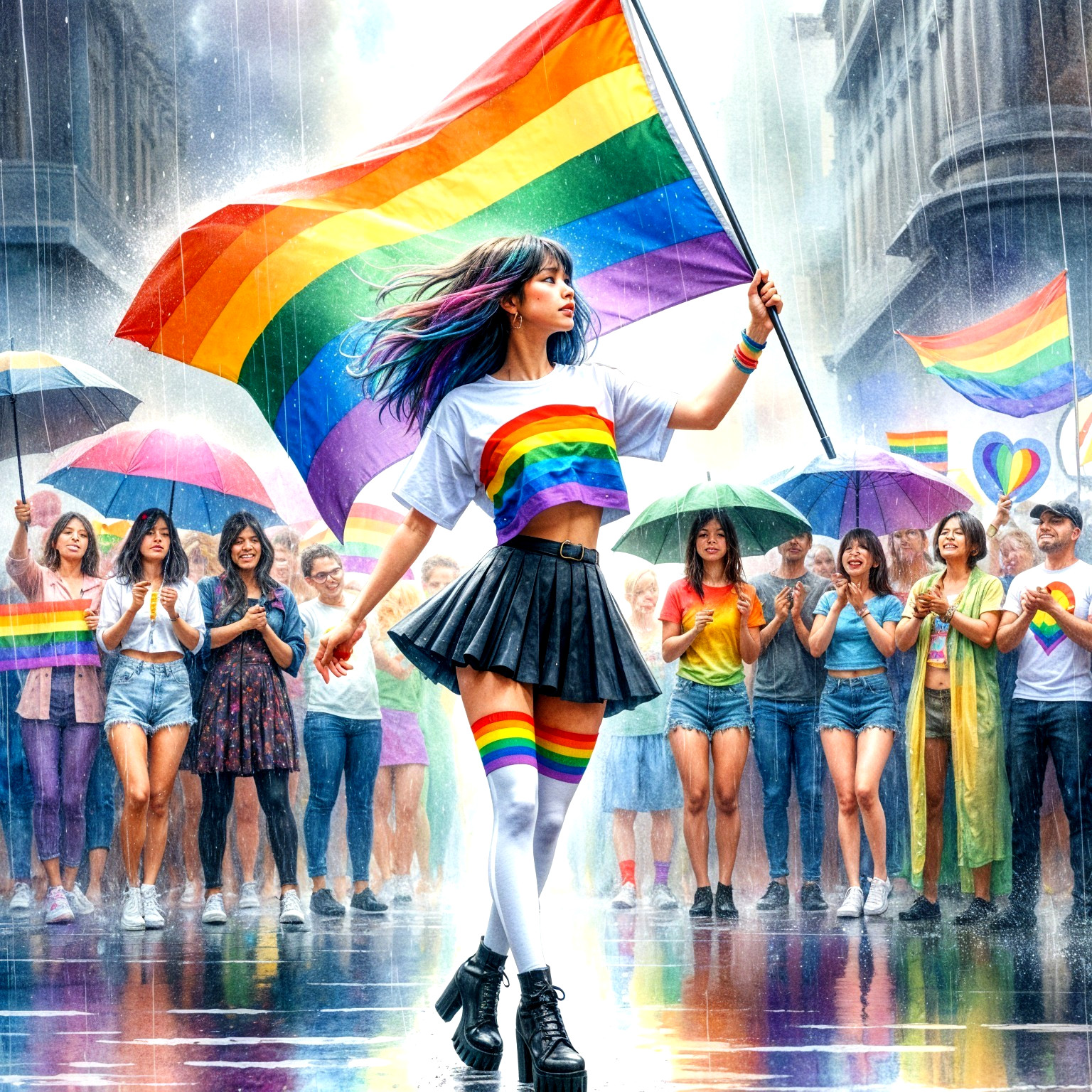 Vibrant Street Scene with Rainbow Flag and Celebration
