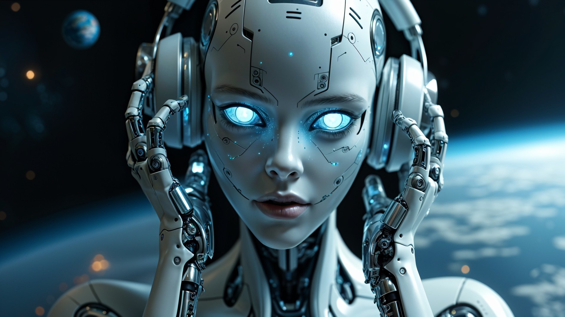 Futuristic humanoid robot in cosmic setting with headphones