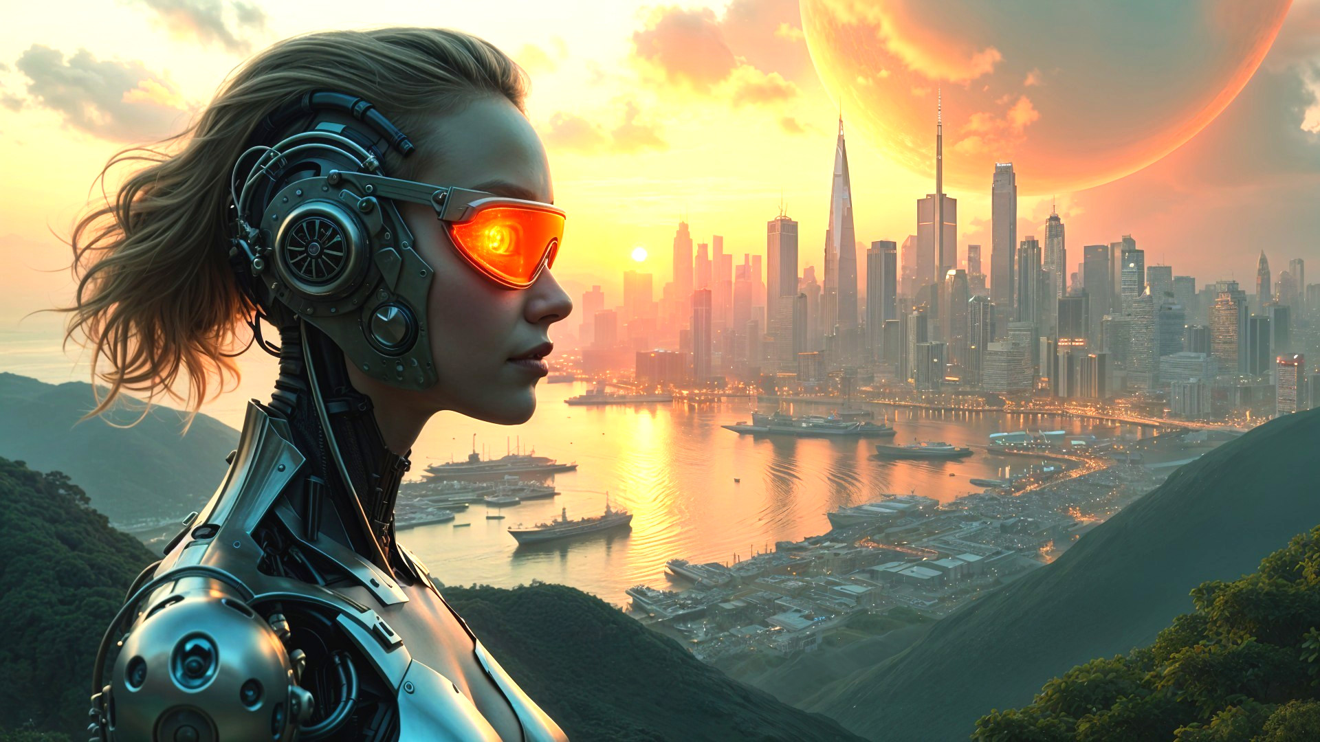 Futuristic City Skyline with Cyborg at Sunset
