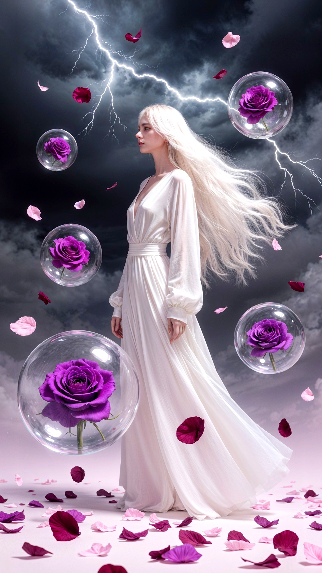 Serene figure in white dress among rose petals and bubbles