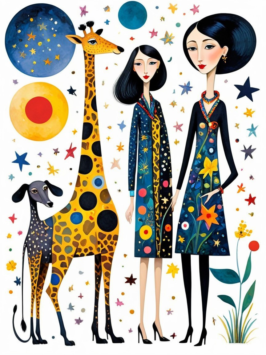 Whimsical Illustration of Women, Giraffe, and Dog