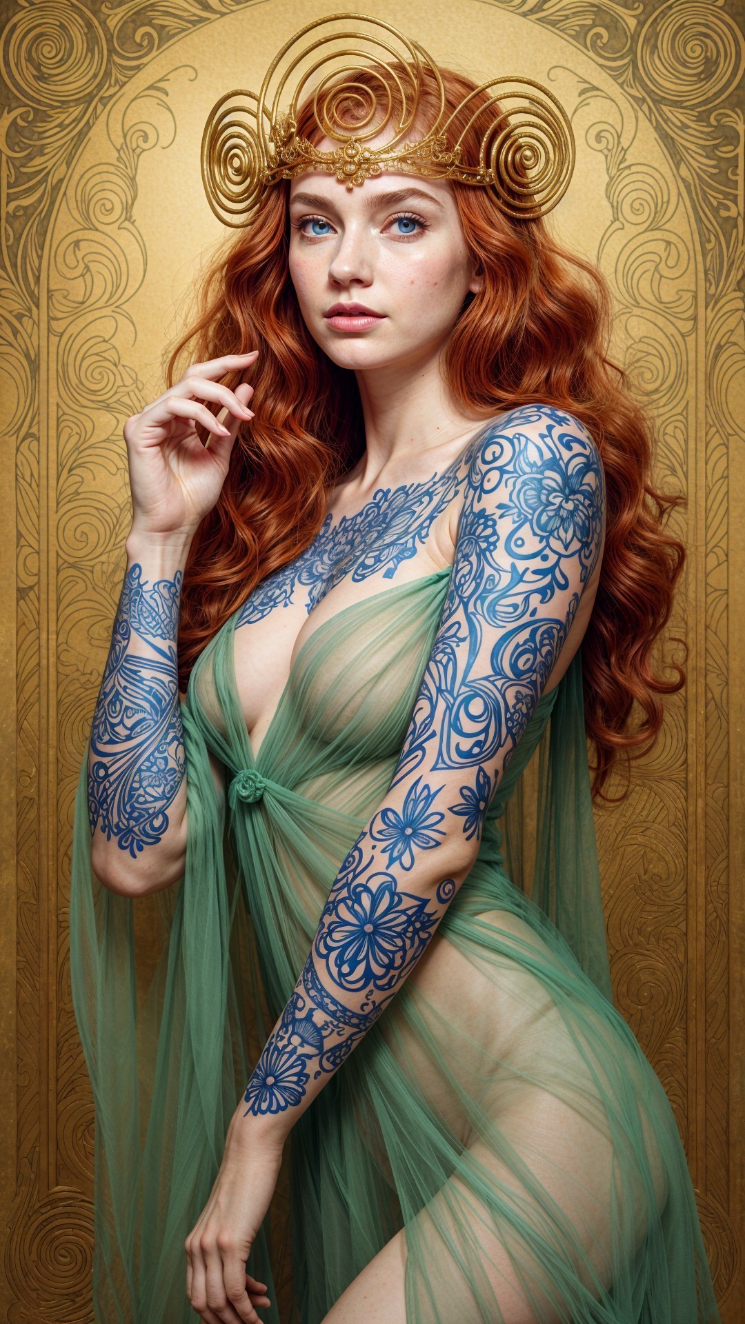 Figure with Red Hair in Sheer Green Garment and Tattoos