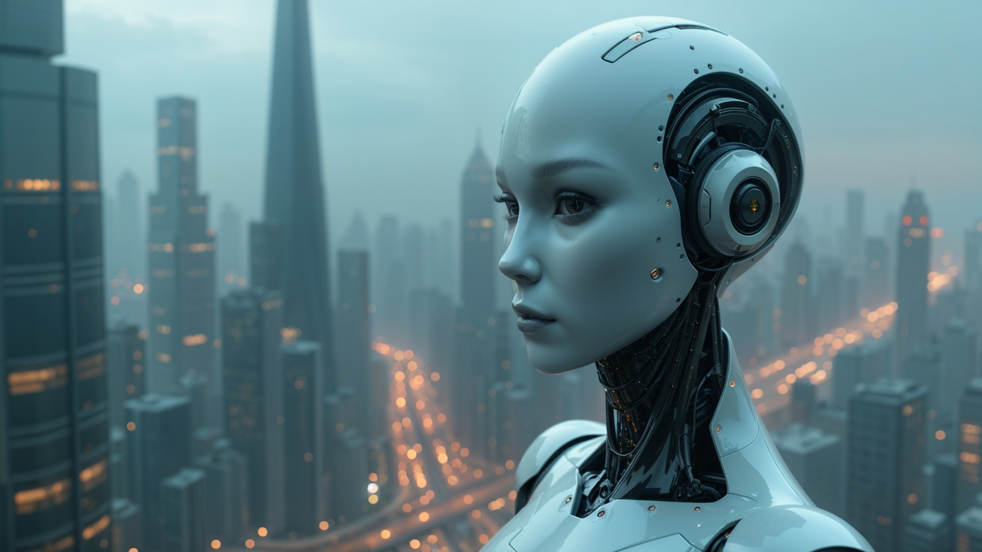 Futuristic Robot Overlooking Illuminated Cityscape