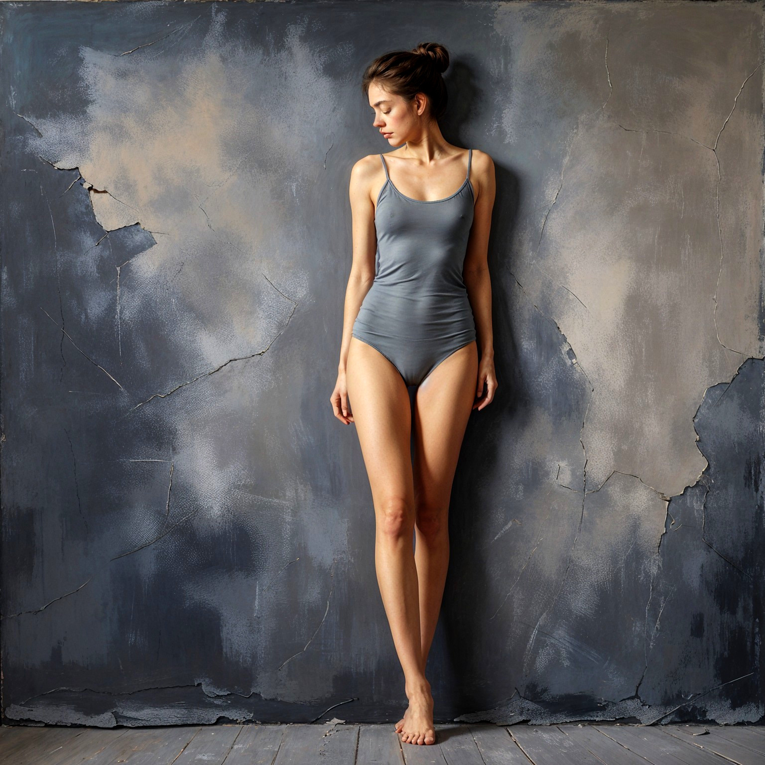 Tall Woman in Gray Swimsuit Against Textured Wall