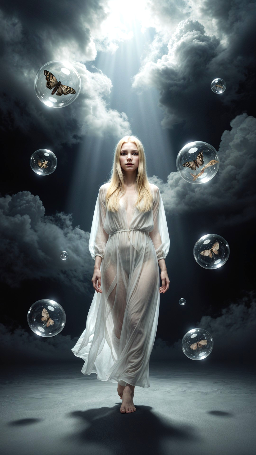 Ethereal figure in white gown amid mystical bubbles and clouds