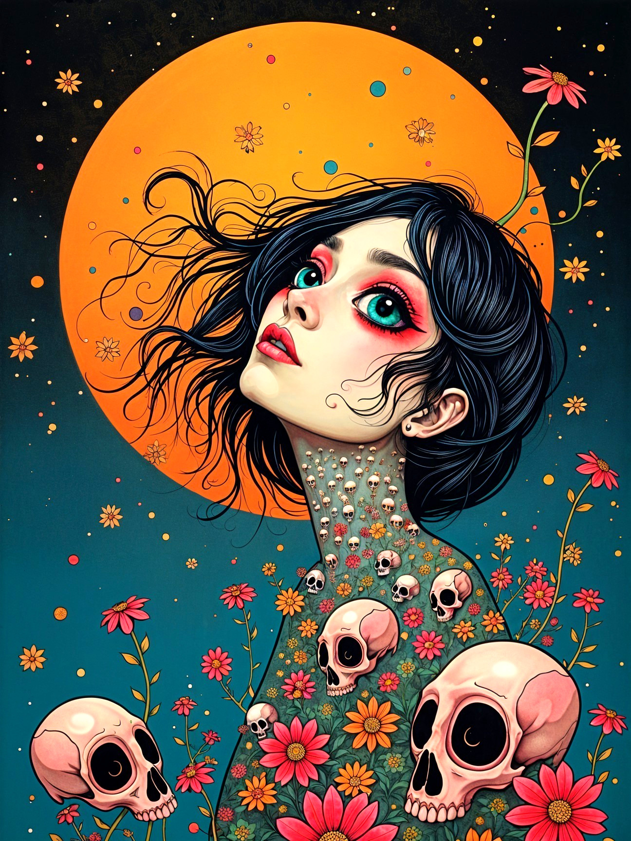 Young Woman Surrounded by Flowers and Skulls