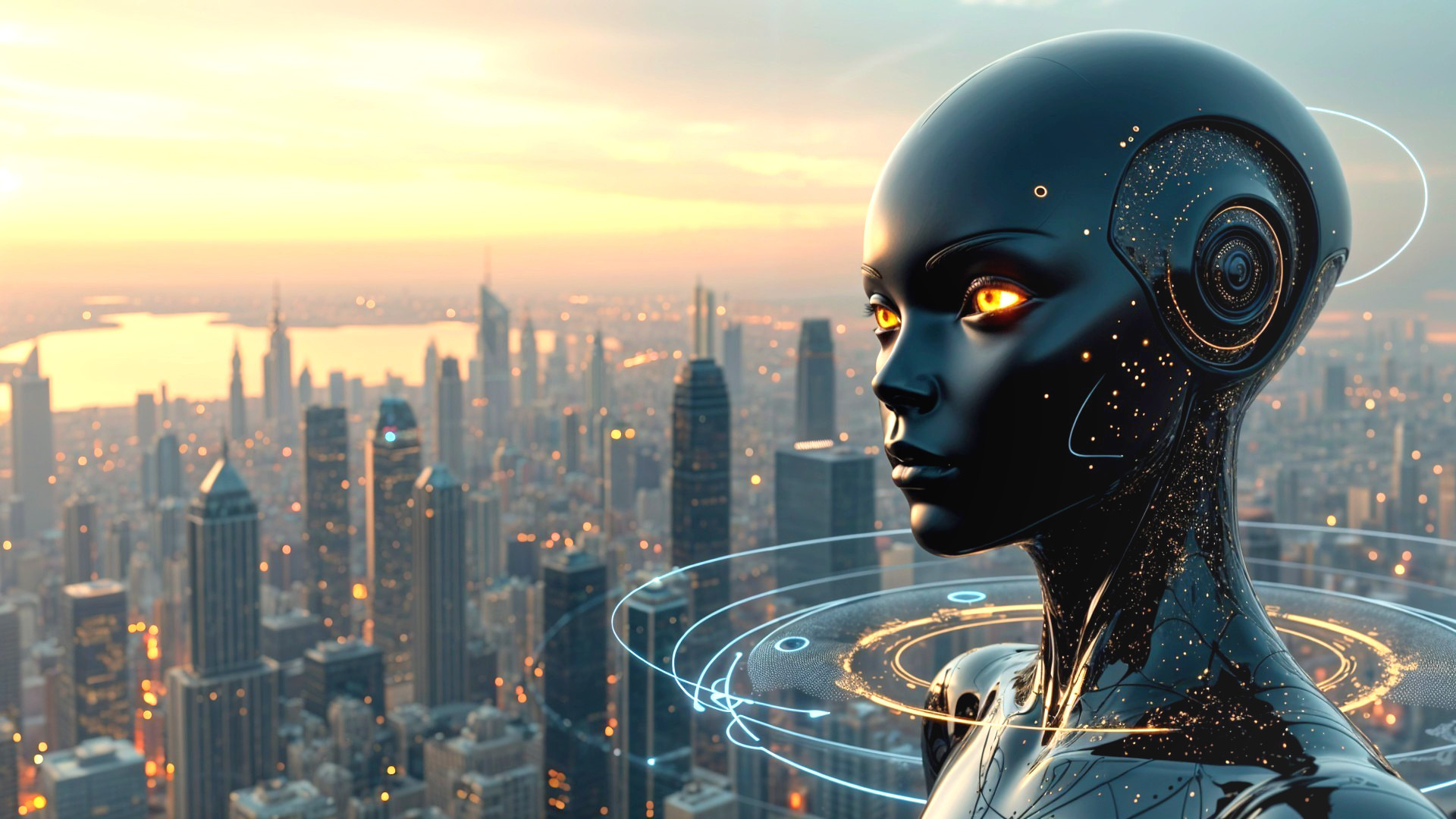 Futuristic Robot Against City Skyline at Sunset