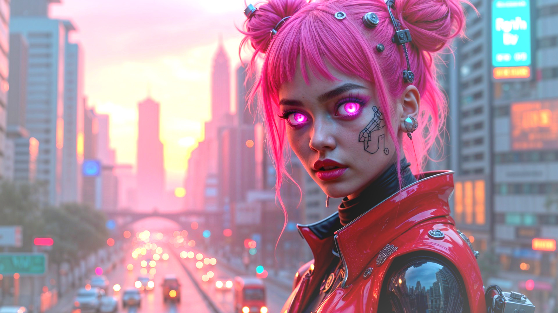 Futuristic cityscape with pink-haired woman at sunset