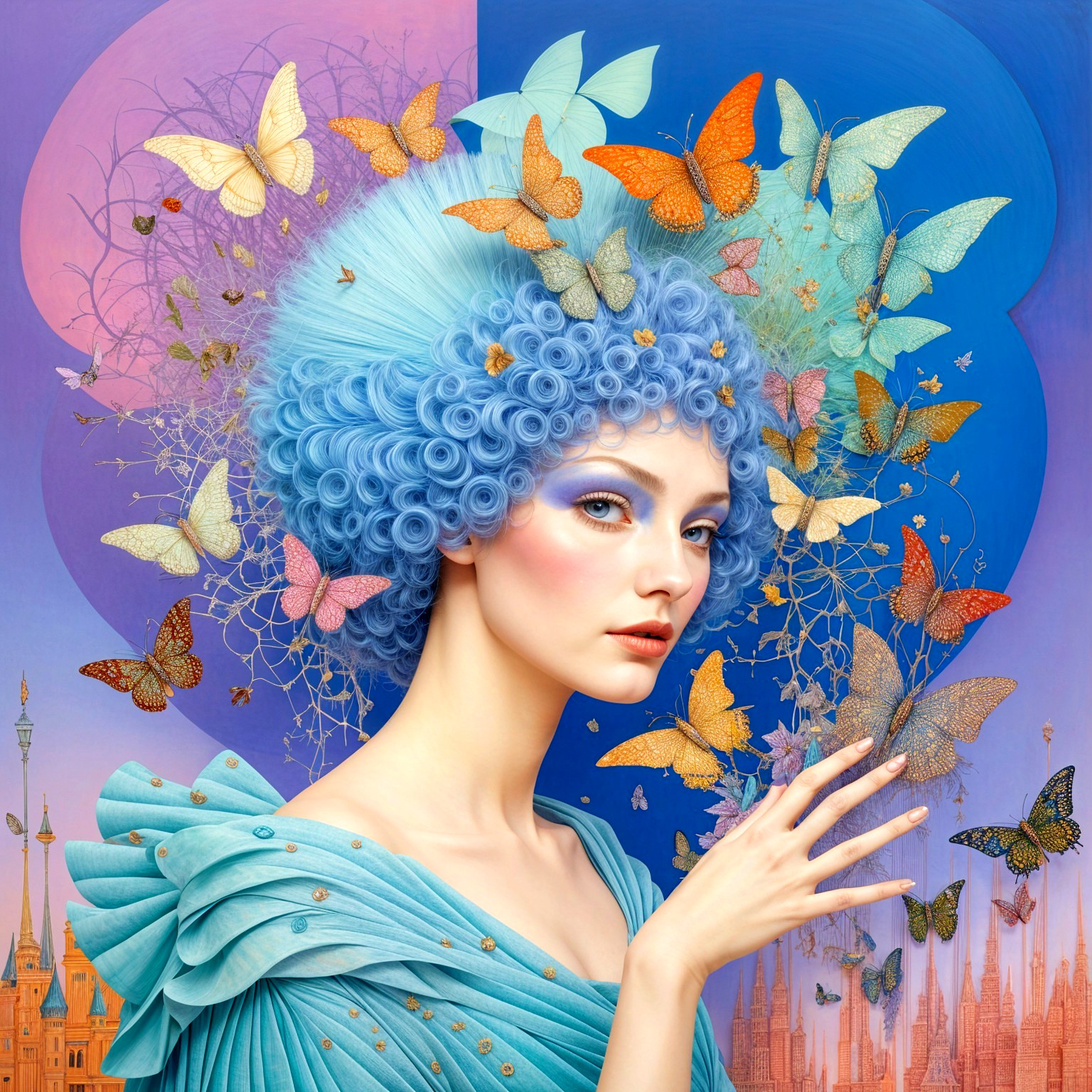 Woman in Blue Dress Surrounded by Colorful Butterflies