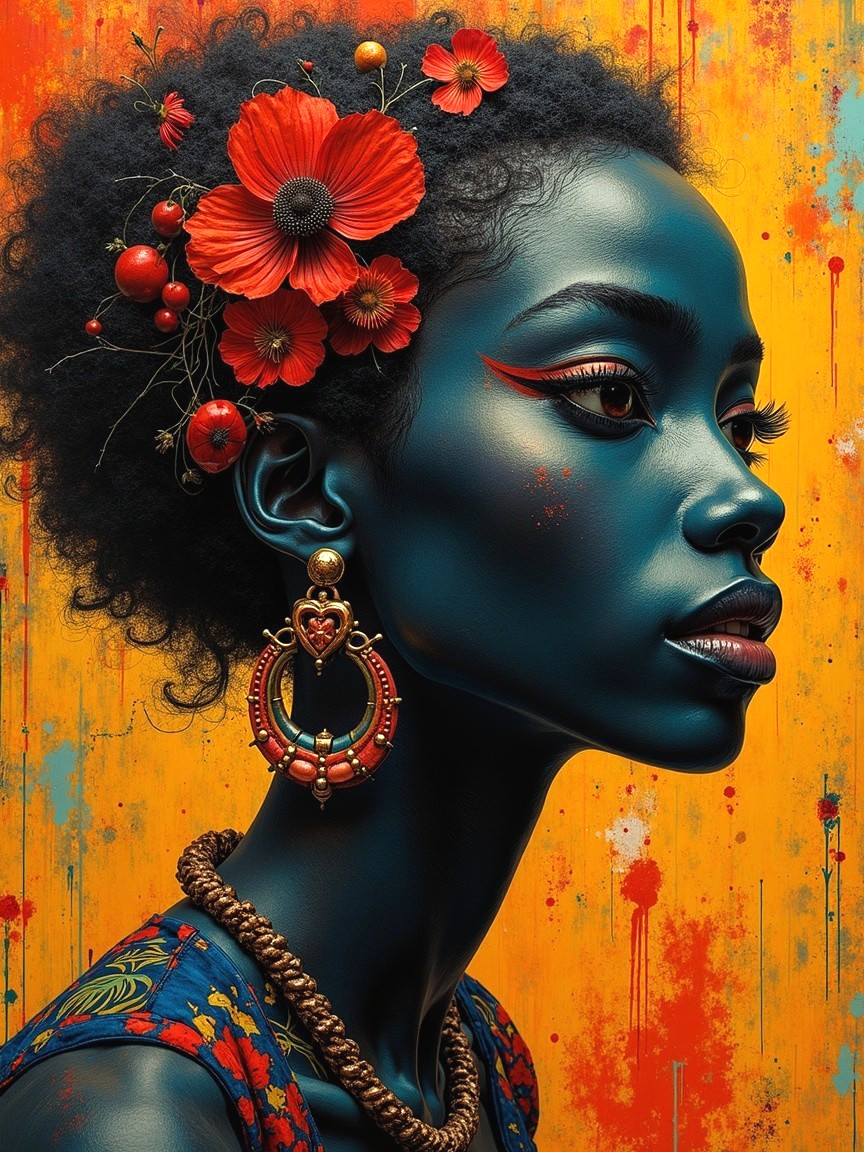 Portrait of a woman with blue skin and floral adornments