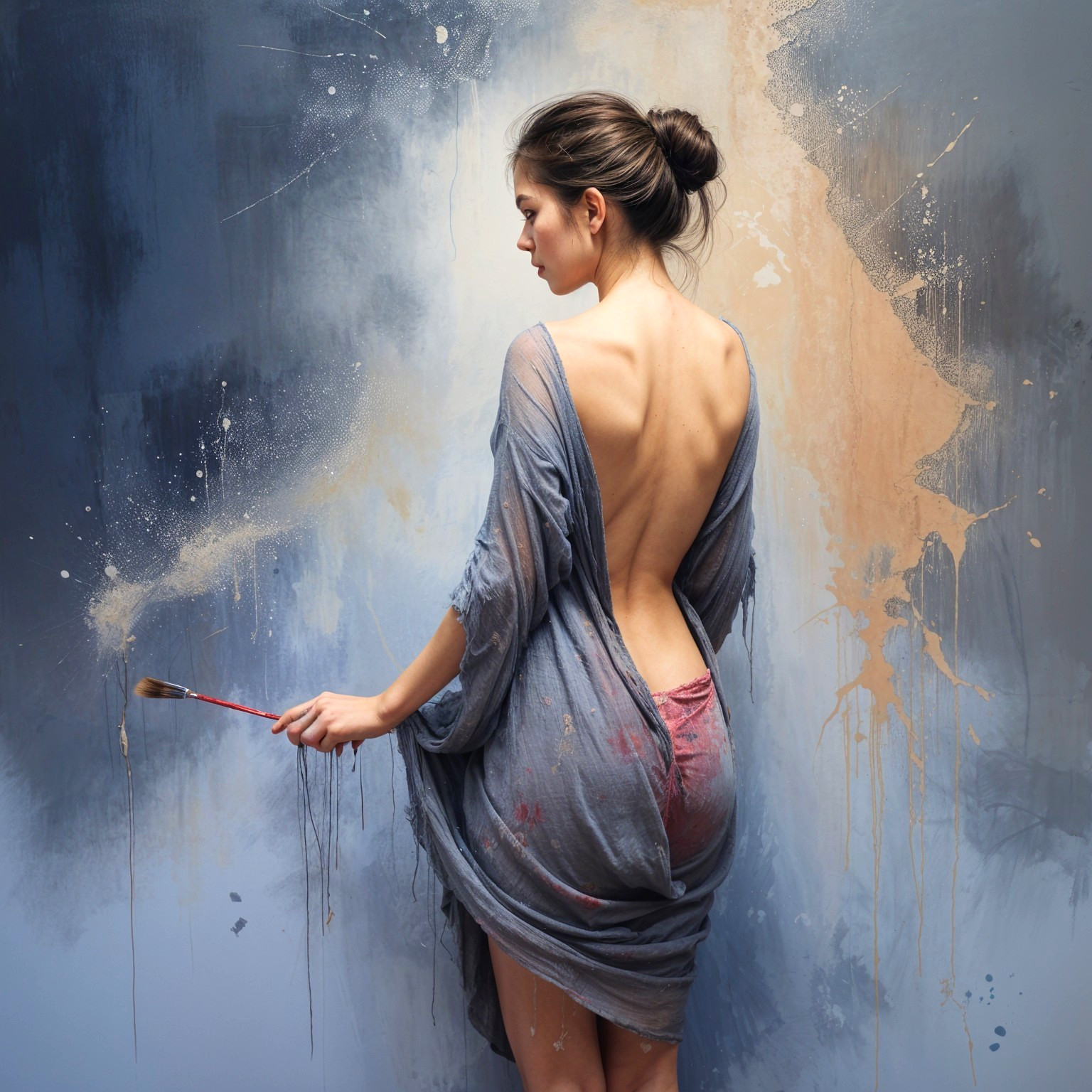 Young woman in sheer blue garment by textured wall