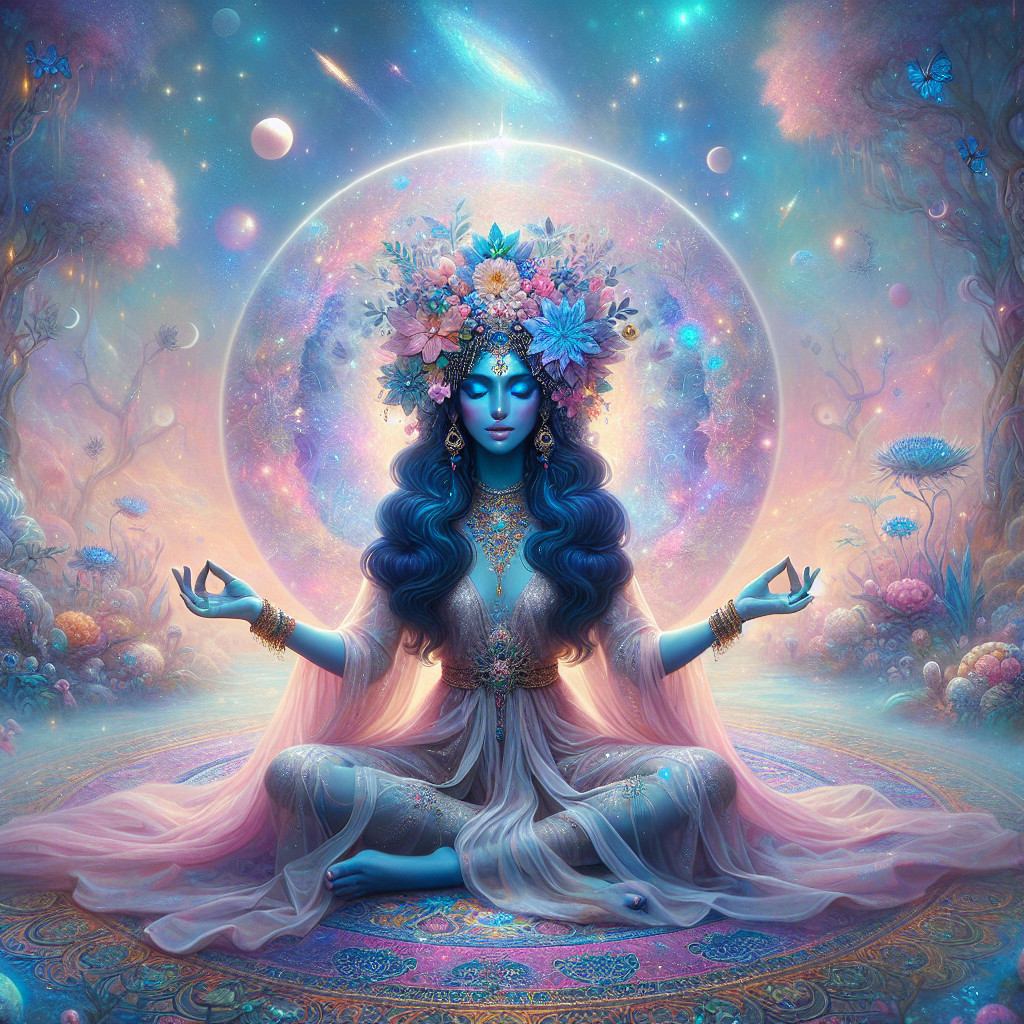 Meditative Figure in Mystical Floral Landscape