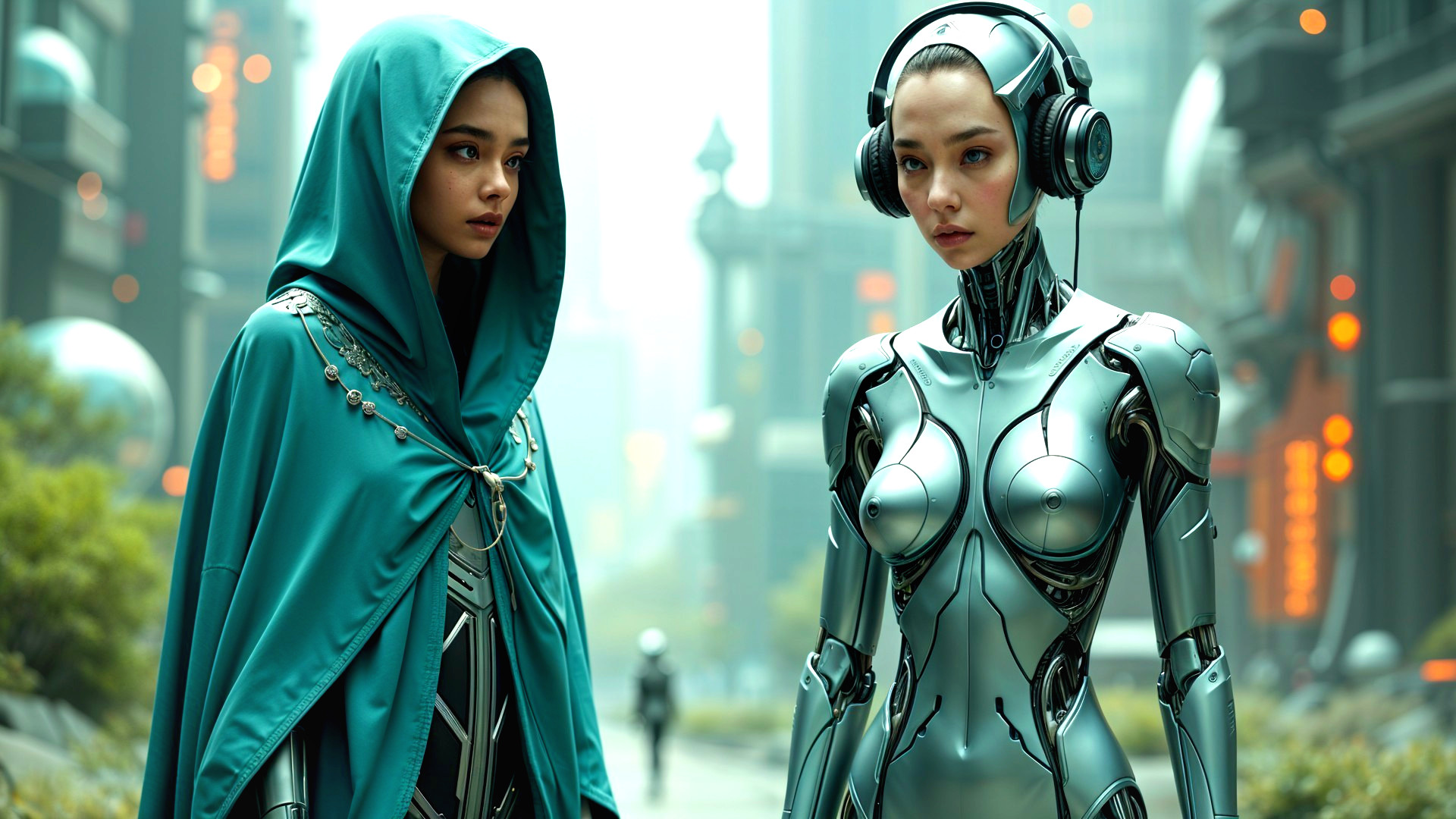 Futuristic Cityscape with Woman and Humanoid Robot