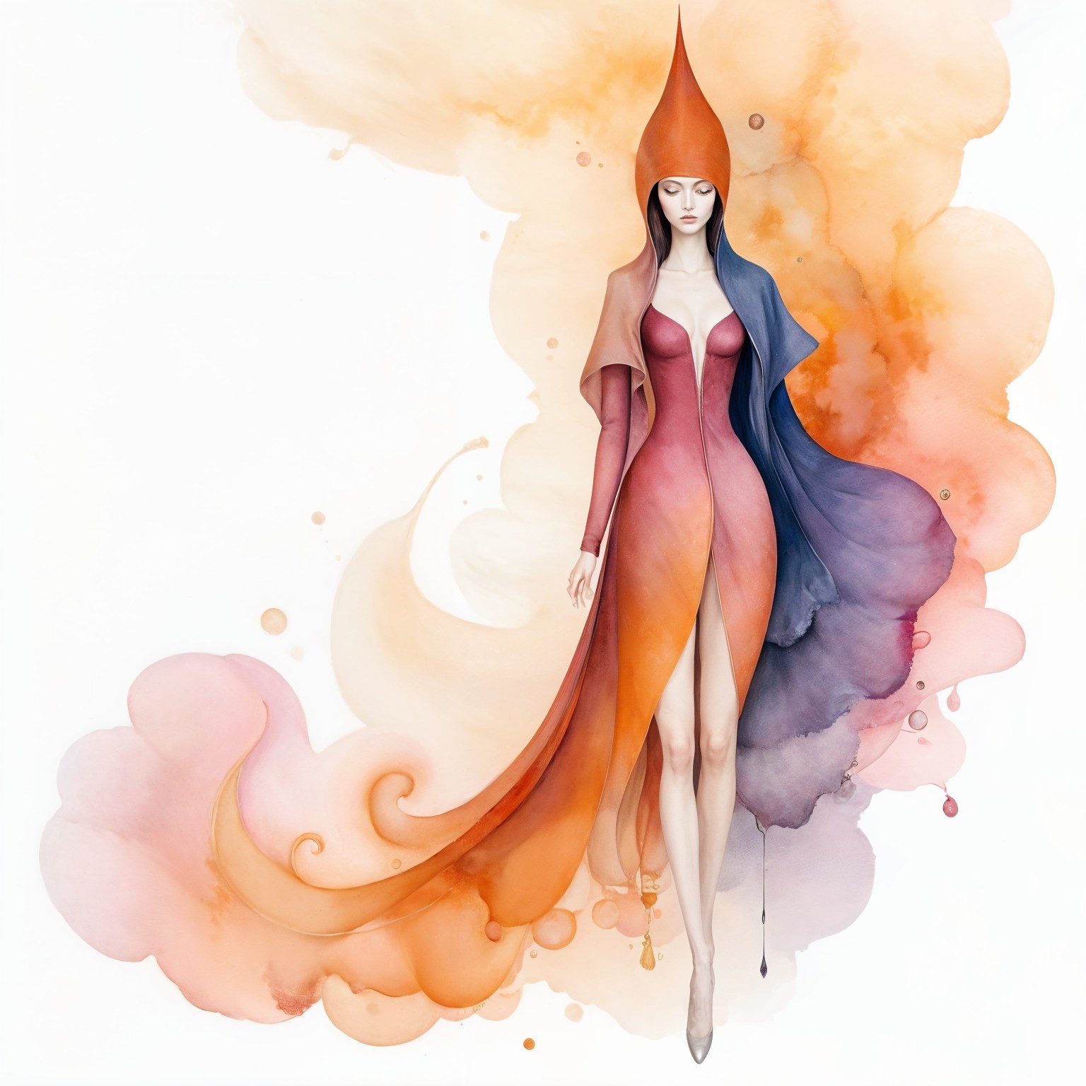 Mystical figure in flowing red to purple gown on white