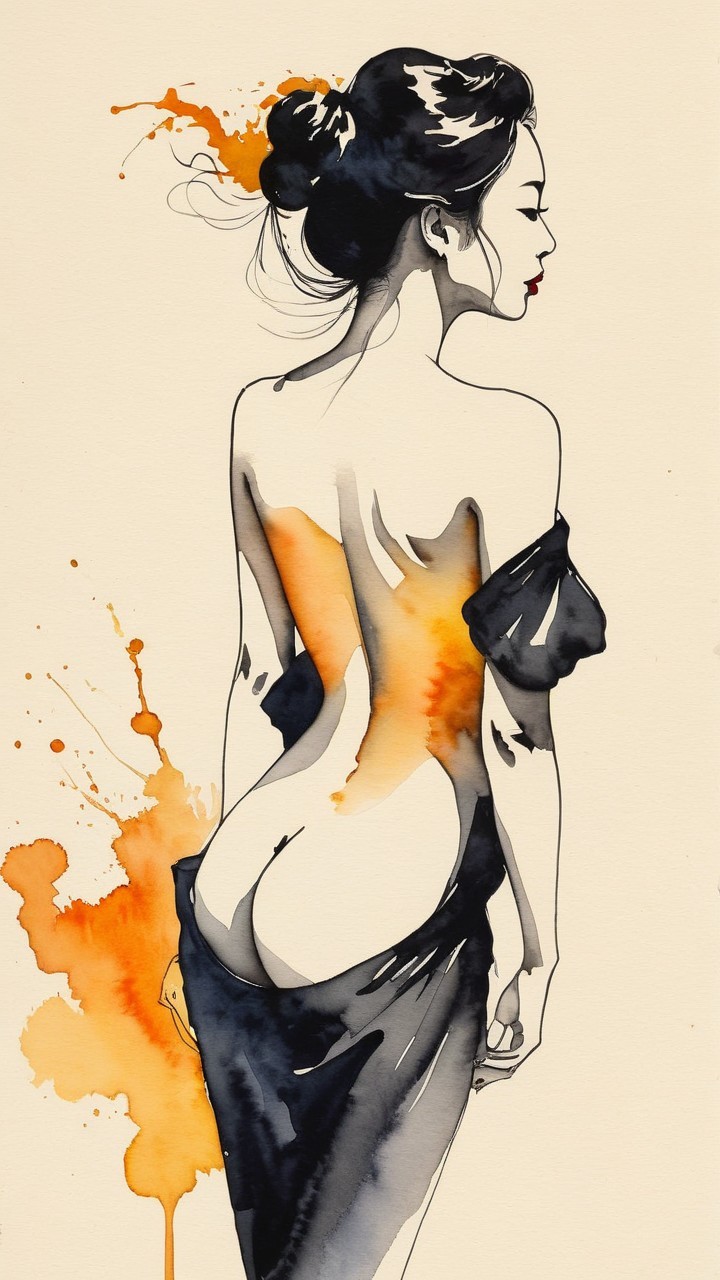 Watercolor Artwork of Woman's Silhouette in Orange Hues