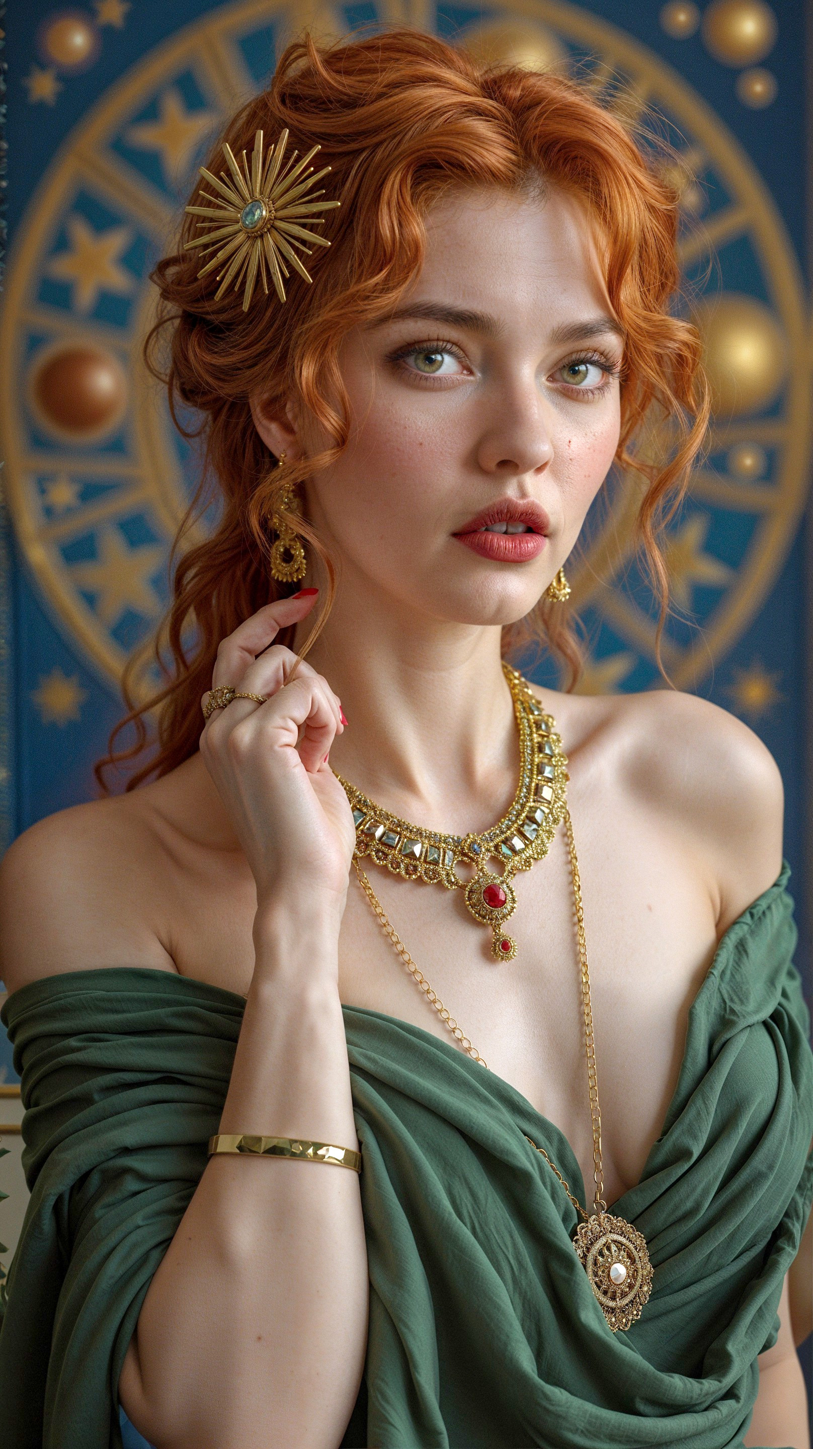 Woman in Green Gown with Red Hair and Gold Jewelry