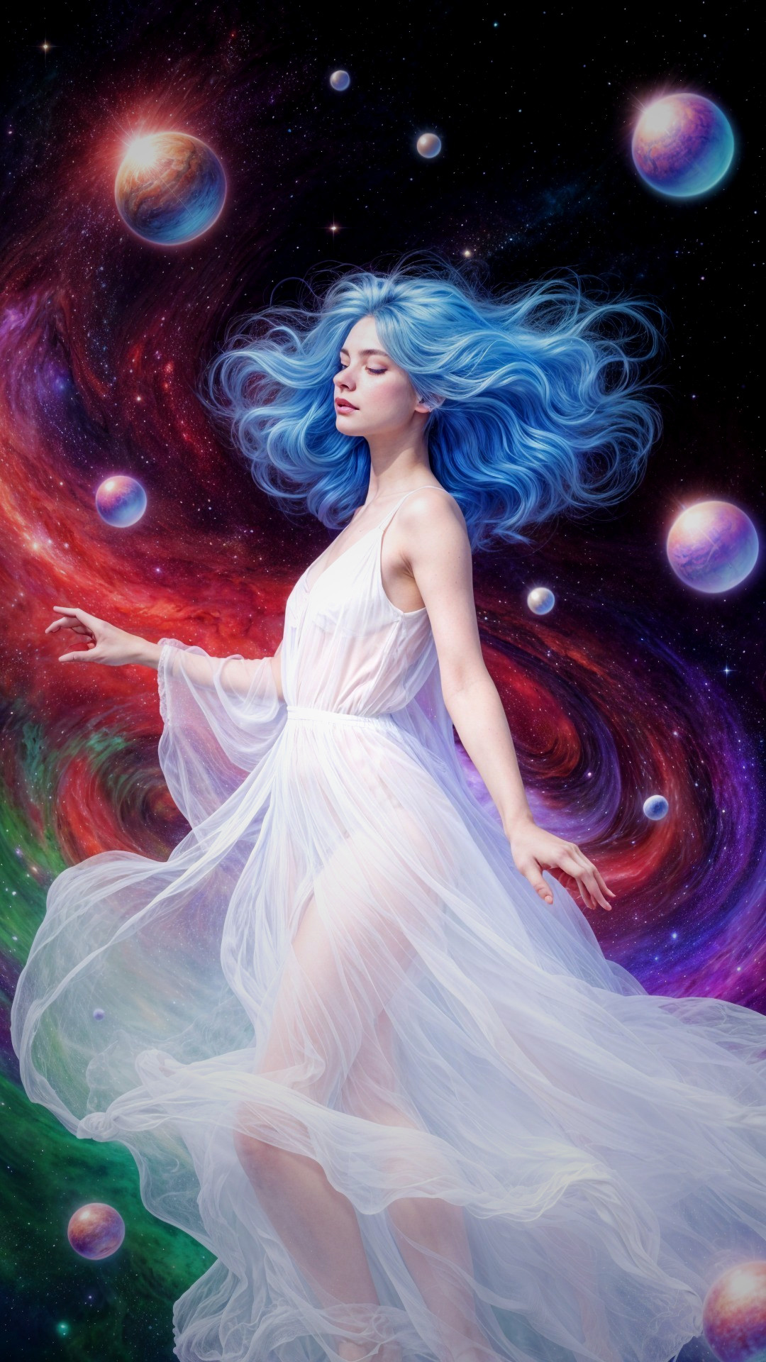 Serene Figure with Blue Hair in Cosmic Backdrop