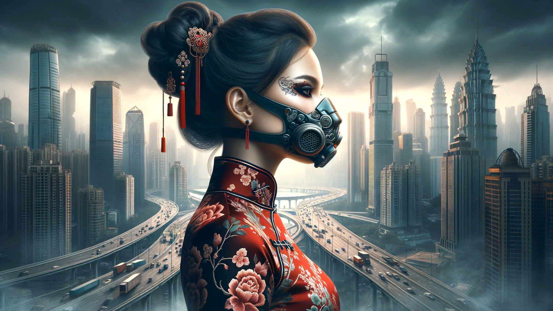 Woman in Red Dress with Gas Mask in Futuristic City