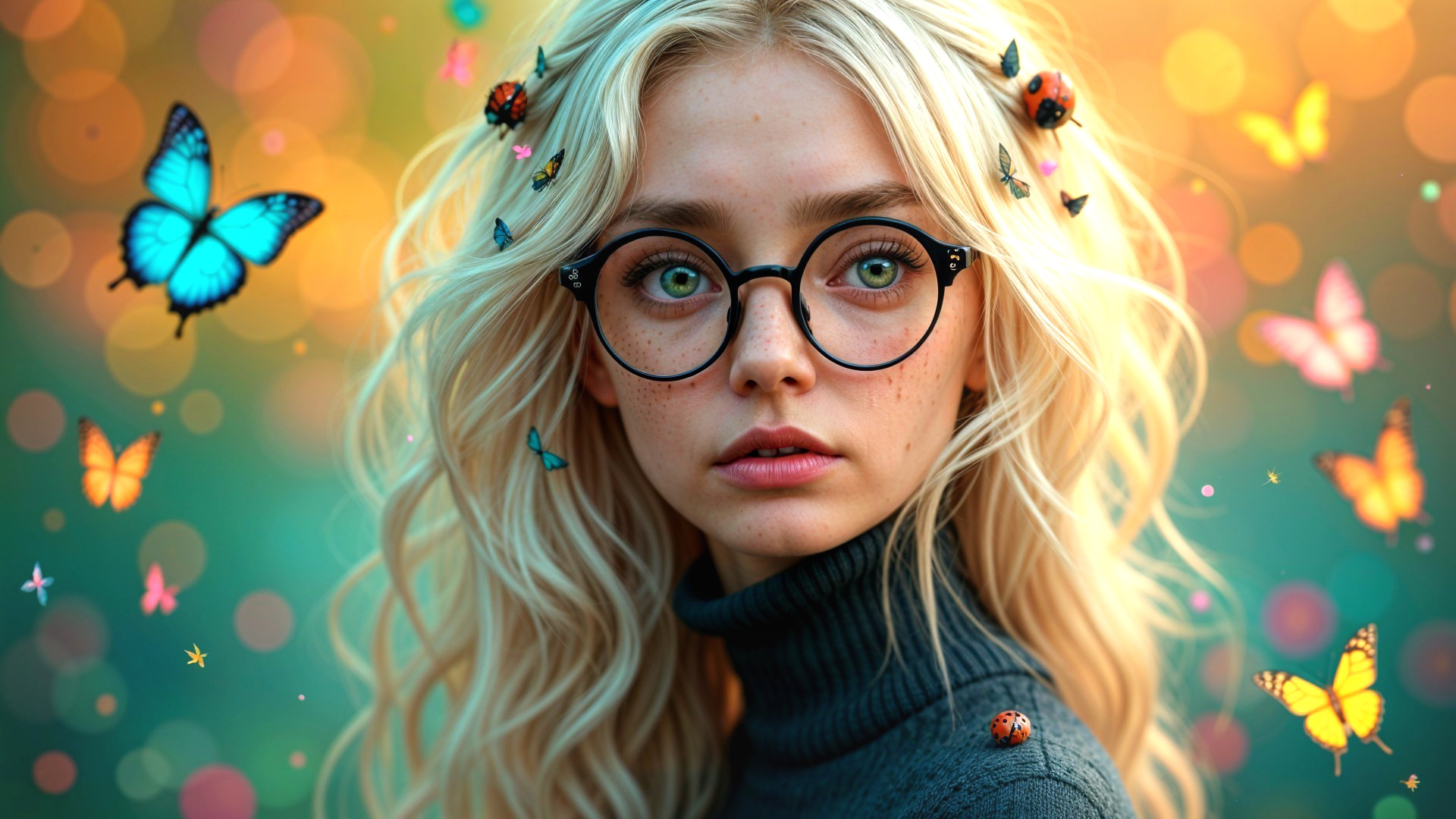 Young woman with blonde hair and green eyes in nature