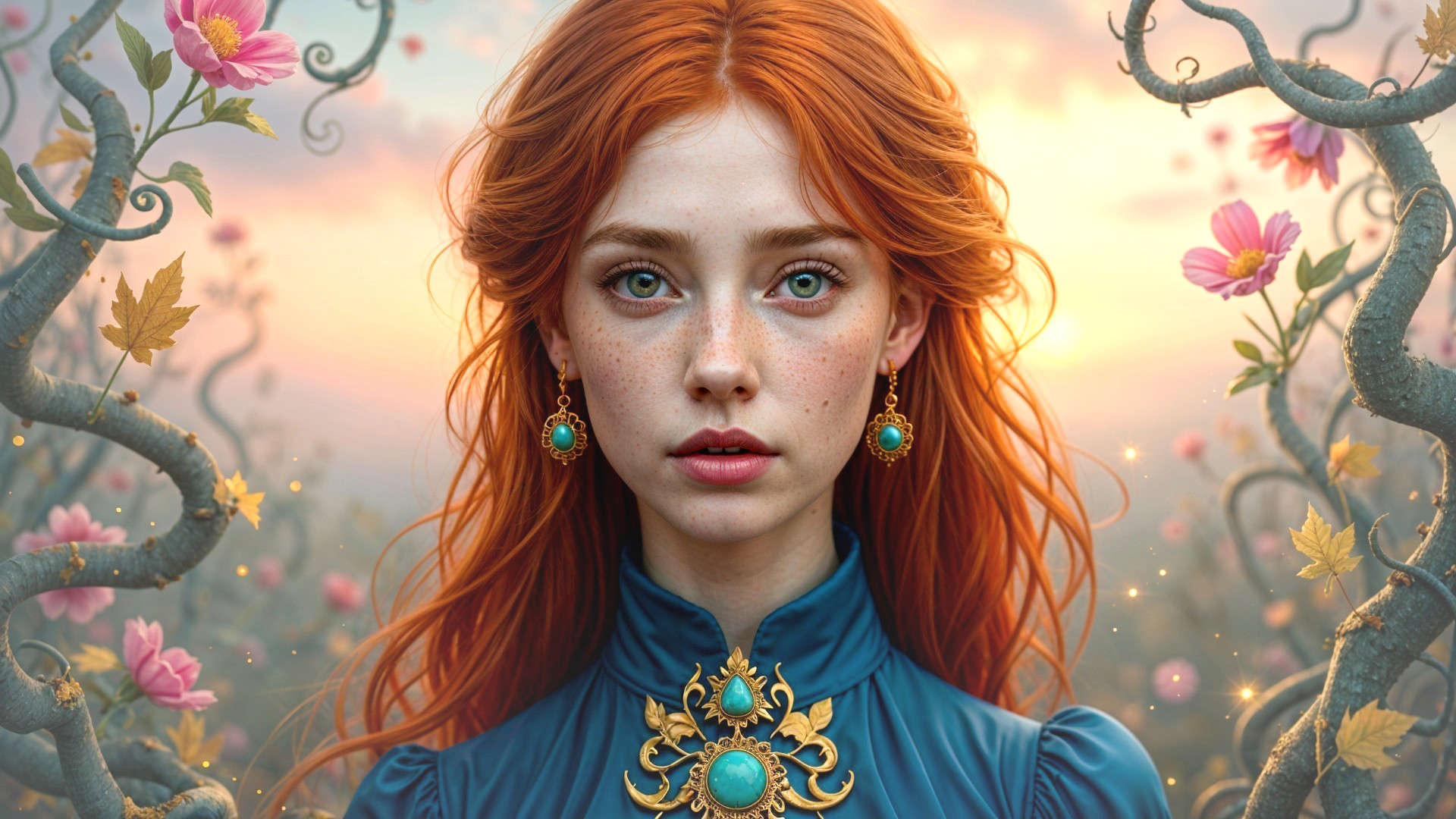 Young woman in blue dress with red hair and flowers