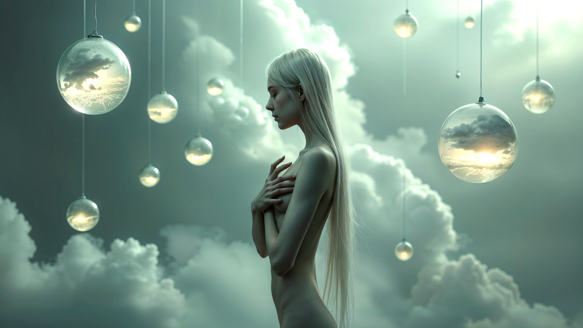 Ethereal Figure in Dreamlike Landscape with Orbs