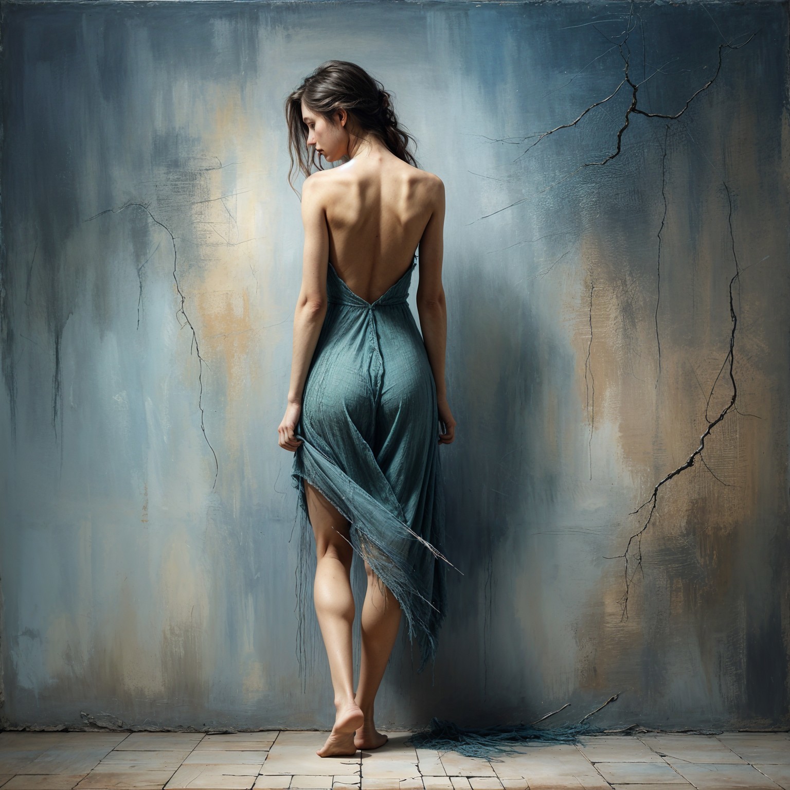 Woman in Teal Dress Against Textured Wall Background