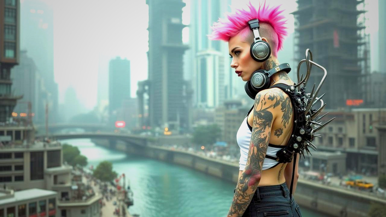Stylish Figure with Pink Hair on Urban Rooftop