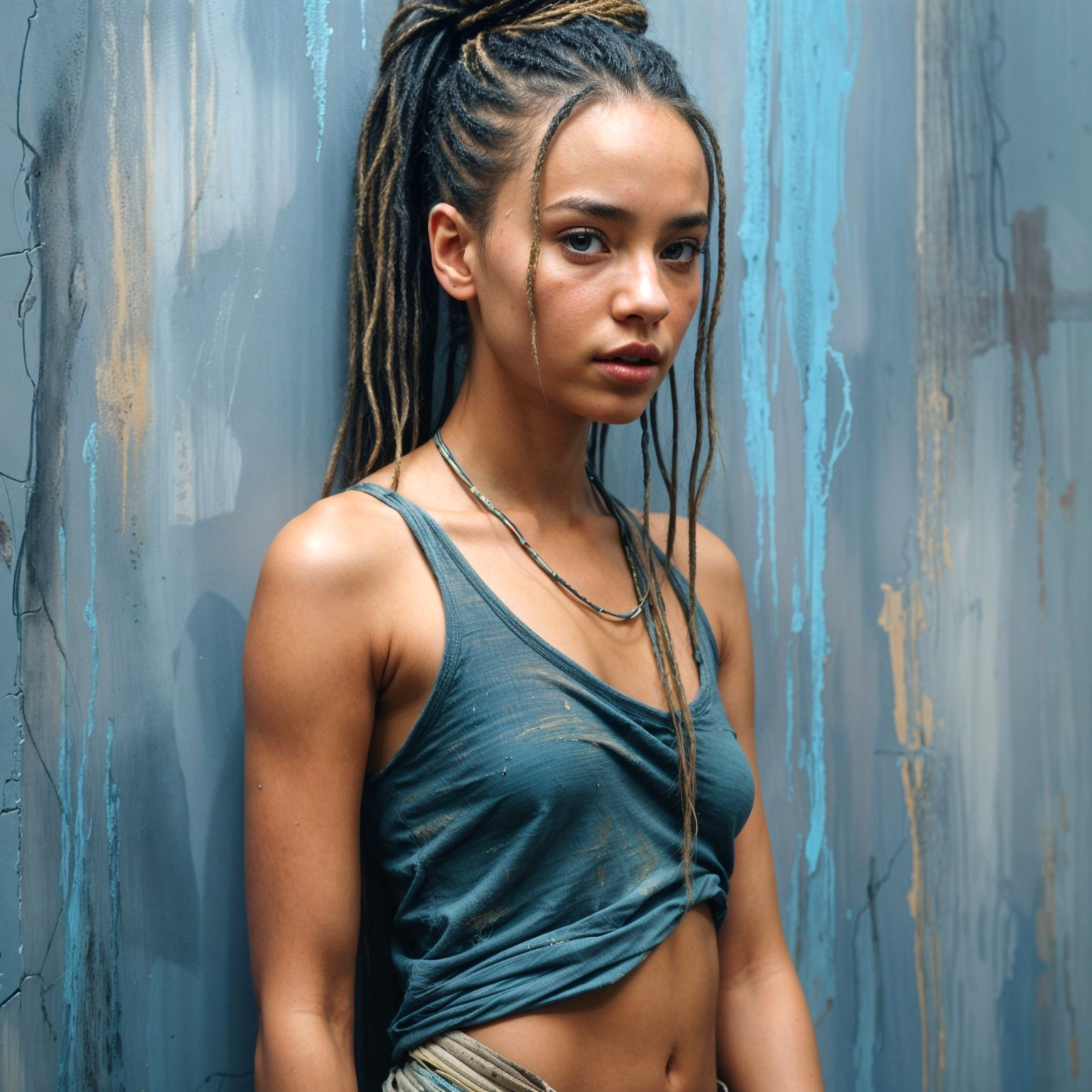 Young woman in sleeveless top against textured backdrop