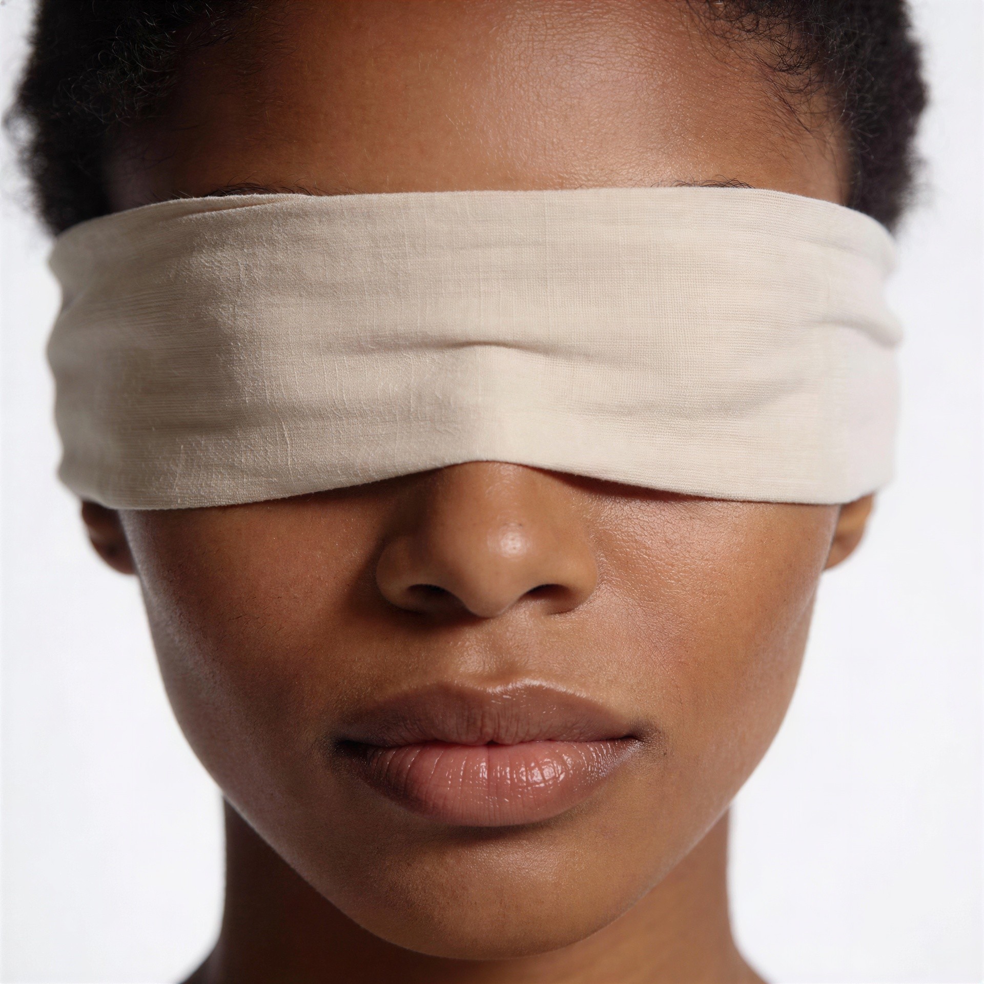 Headshot of Person with Blindfold Against White Background