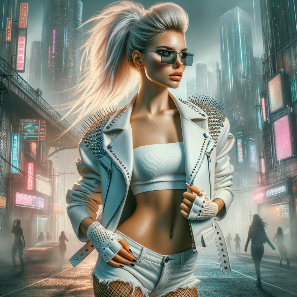 Futuristic cityscape with neon lights and fashion figure