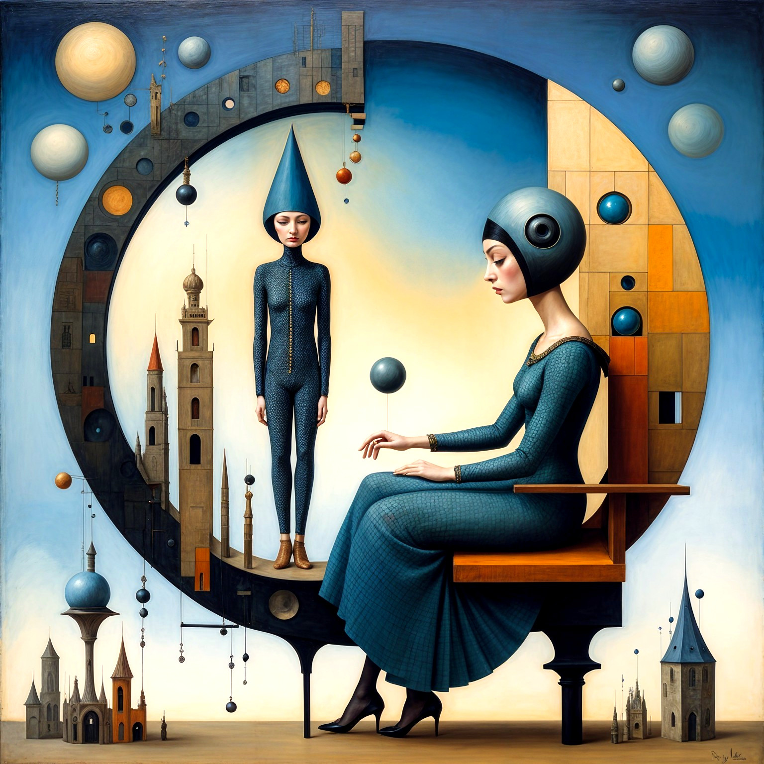 Surreal Artwork with Two Figures in Circular Frame