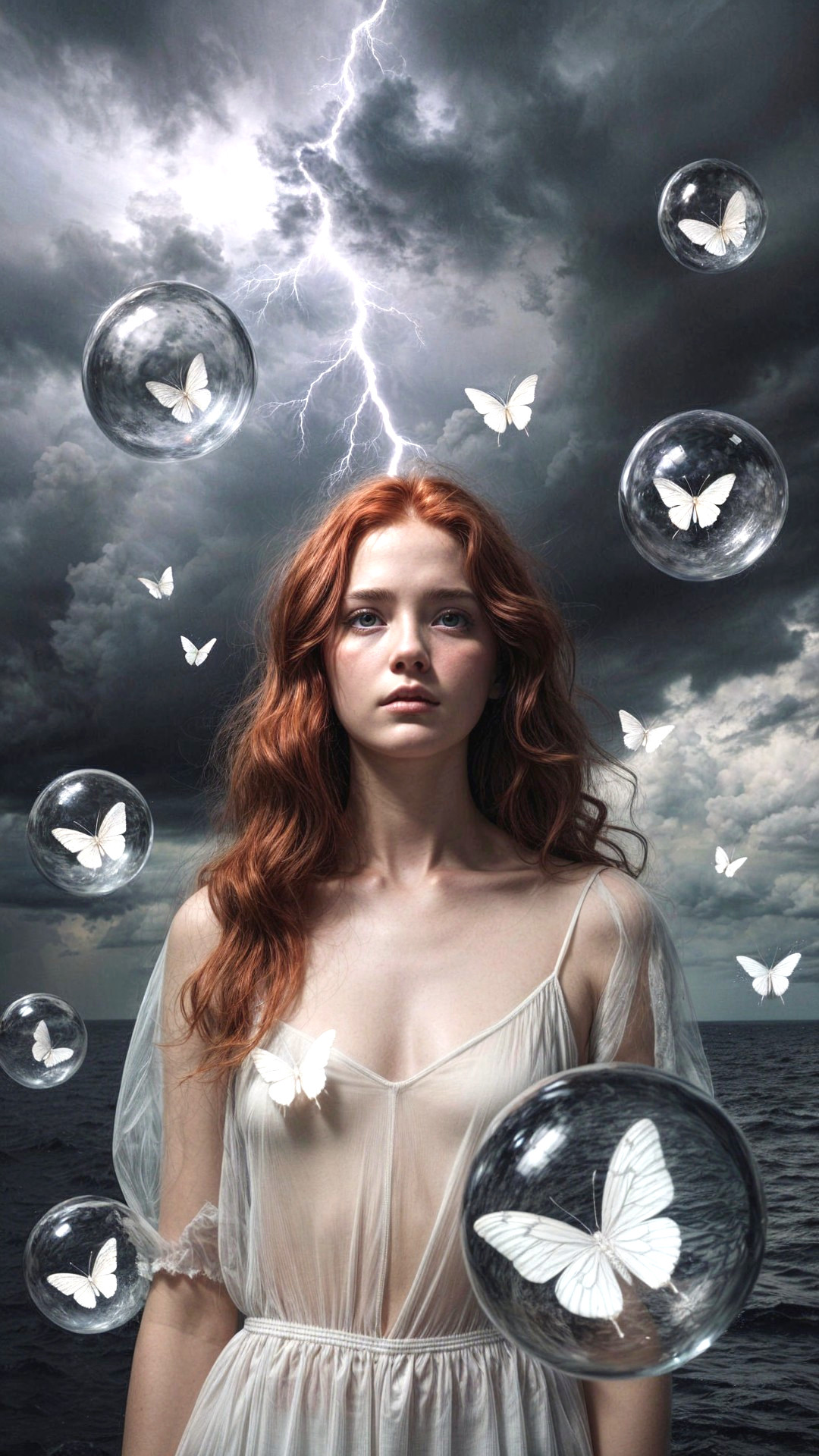 Young woman in sheer gown with stormy backdrop