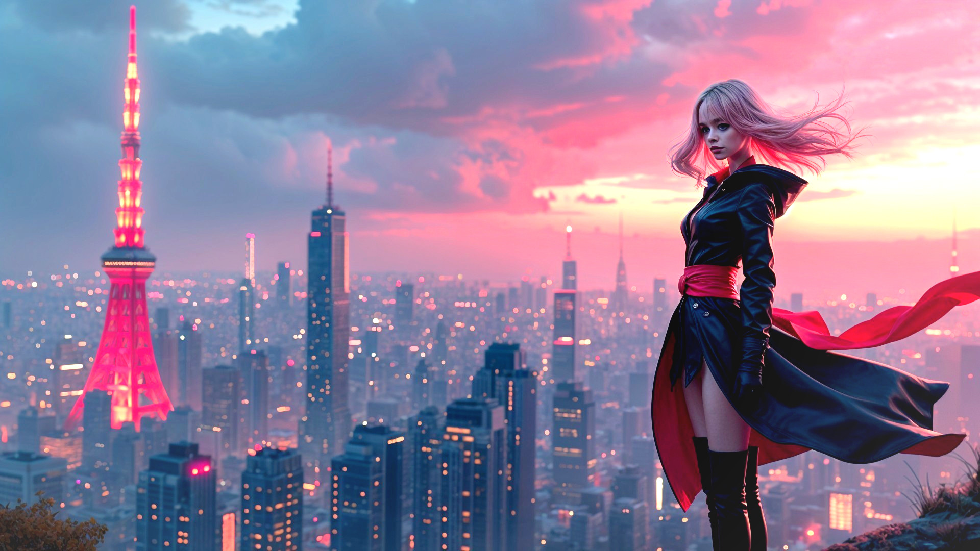 Dusk Cityscape with Young Woman in Black Outfit