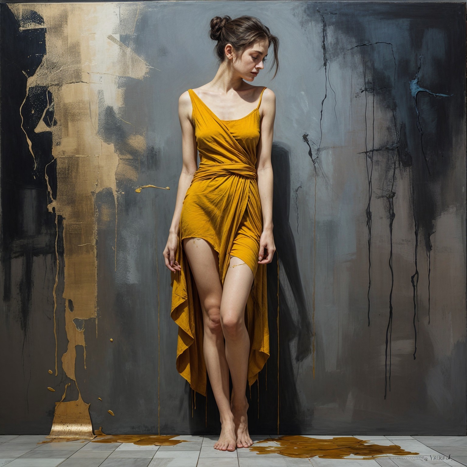 Model in Yellow Dress Against Abstract Gray and Gold Backdrop