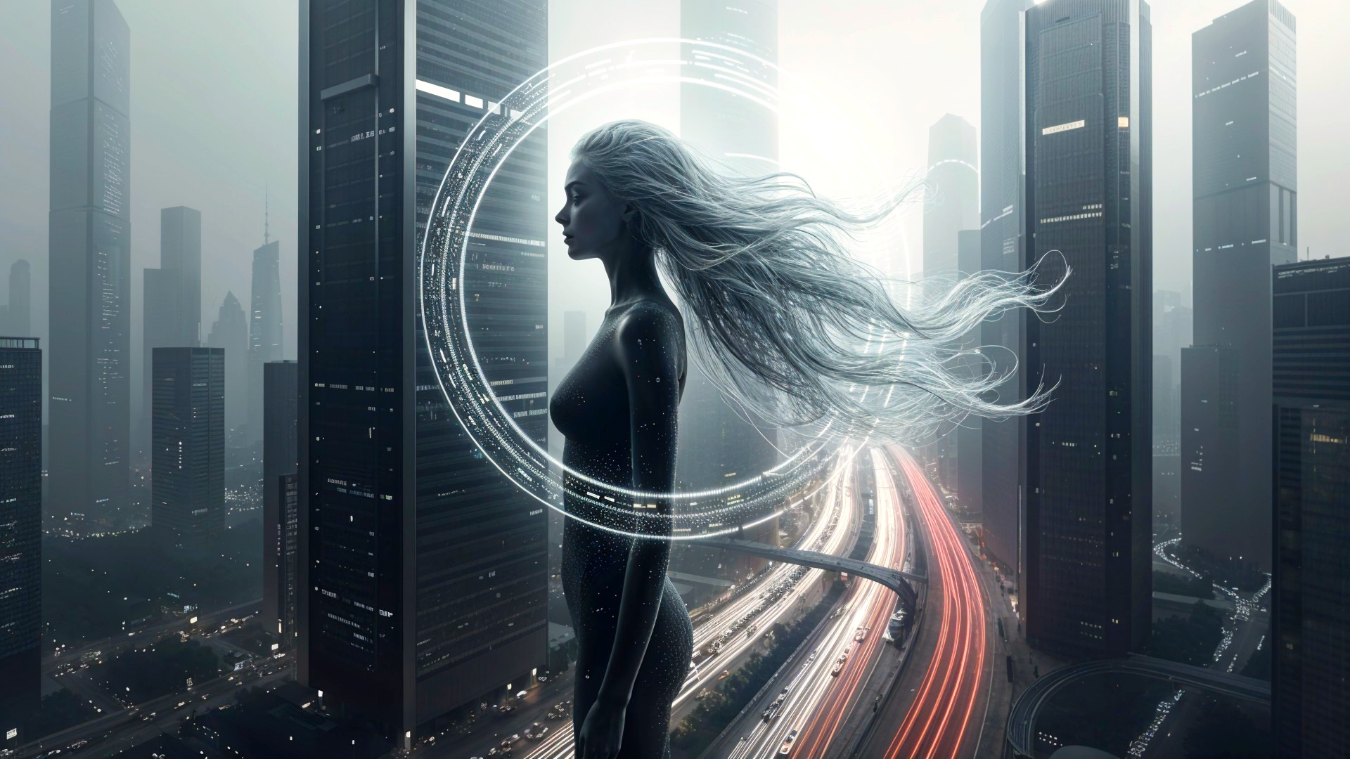 Silhouette of a Woman in a Futuristic Cityscape