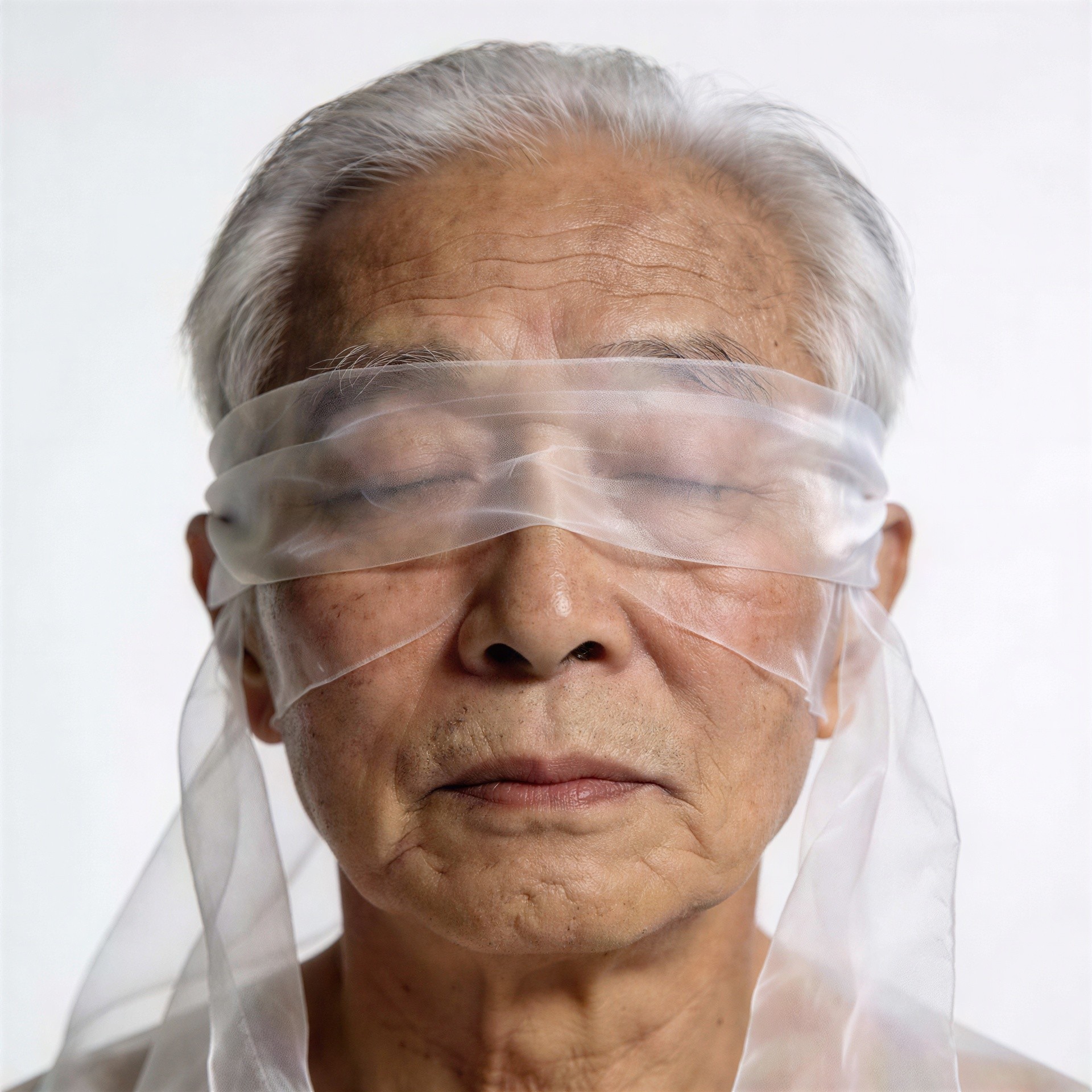 Elderly Asian Person with Blindfolded Close-Up Portrait