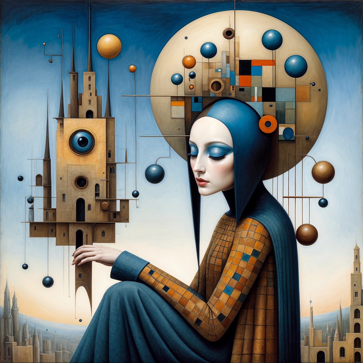 Serene Figure with Blue Makeup and Geometric Background