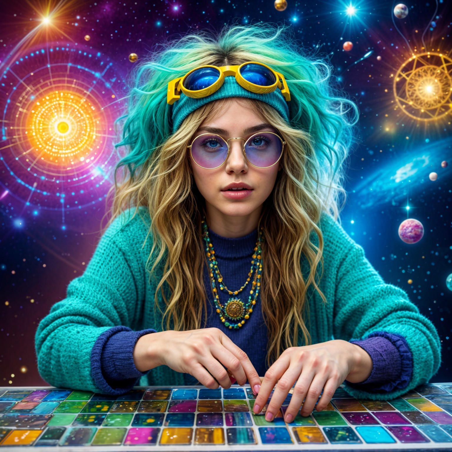 Colorful-haired woman in cosmic mosaic setting
