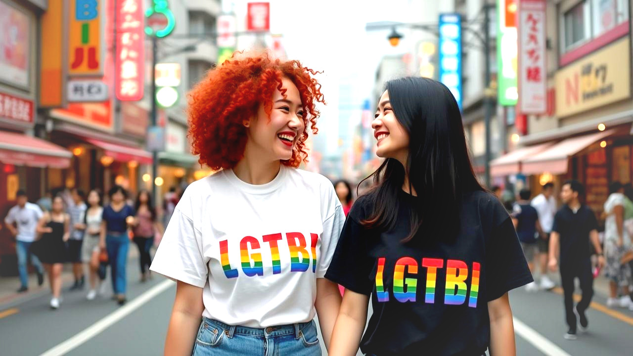 Young Women in Rainbow T-Shirts on City Street
