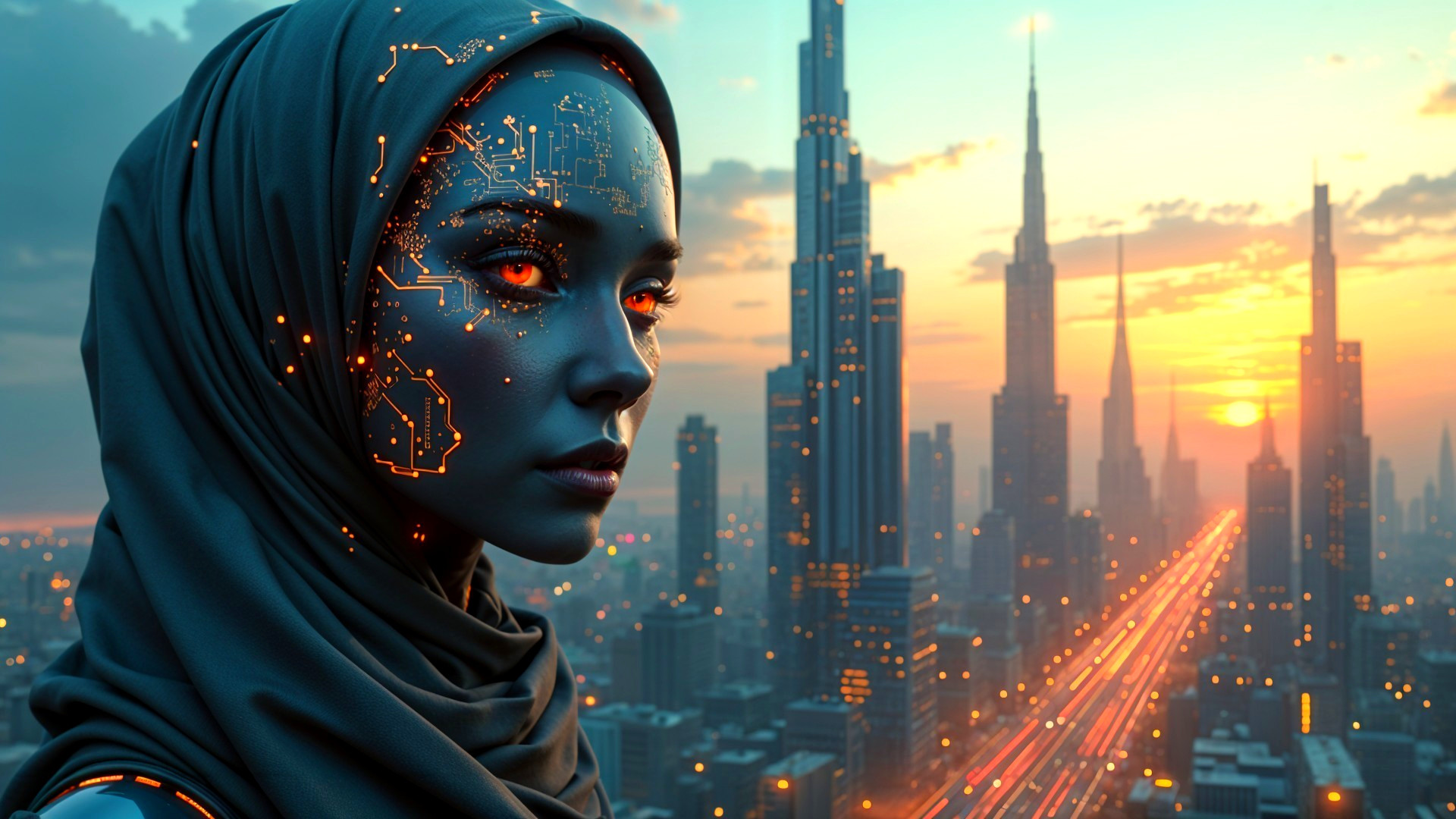 Futuristic Woman with Illuminated Face and City Skyline