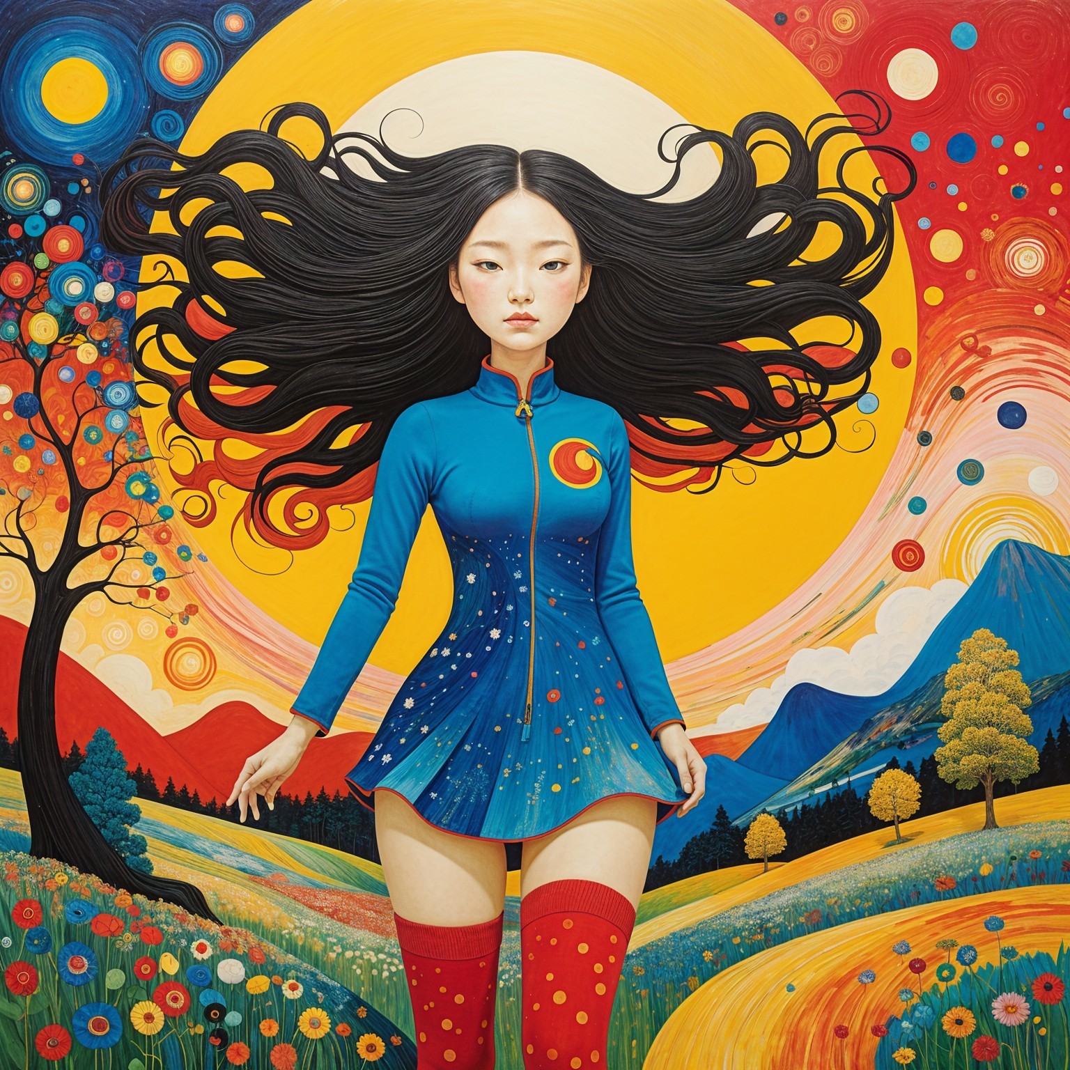 Girl in Blue Dress Amidst a Colorful Dream Landscape