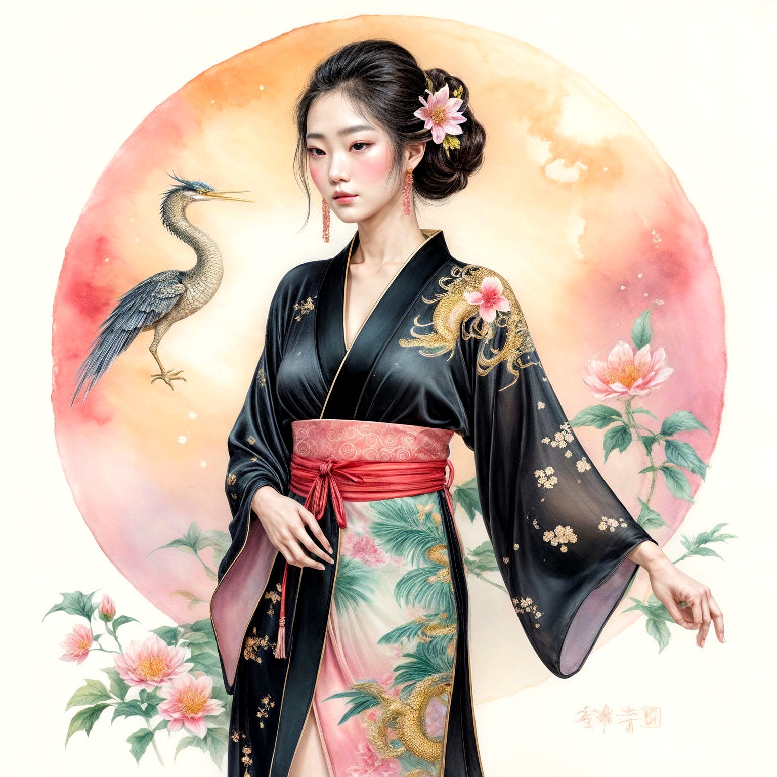 Traditional Kimono with Floral Patterns and Heron