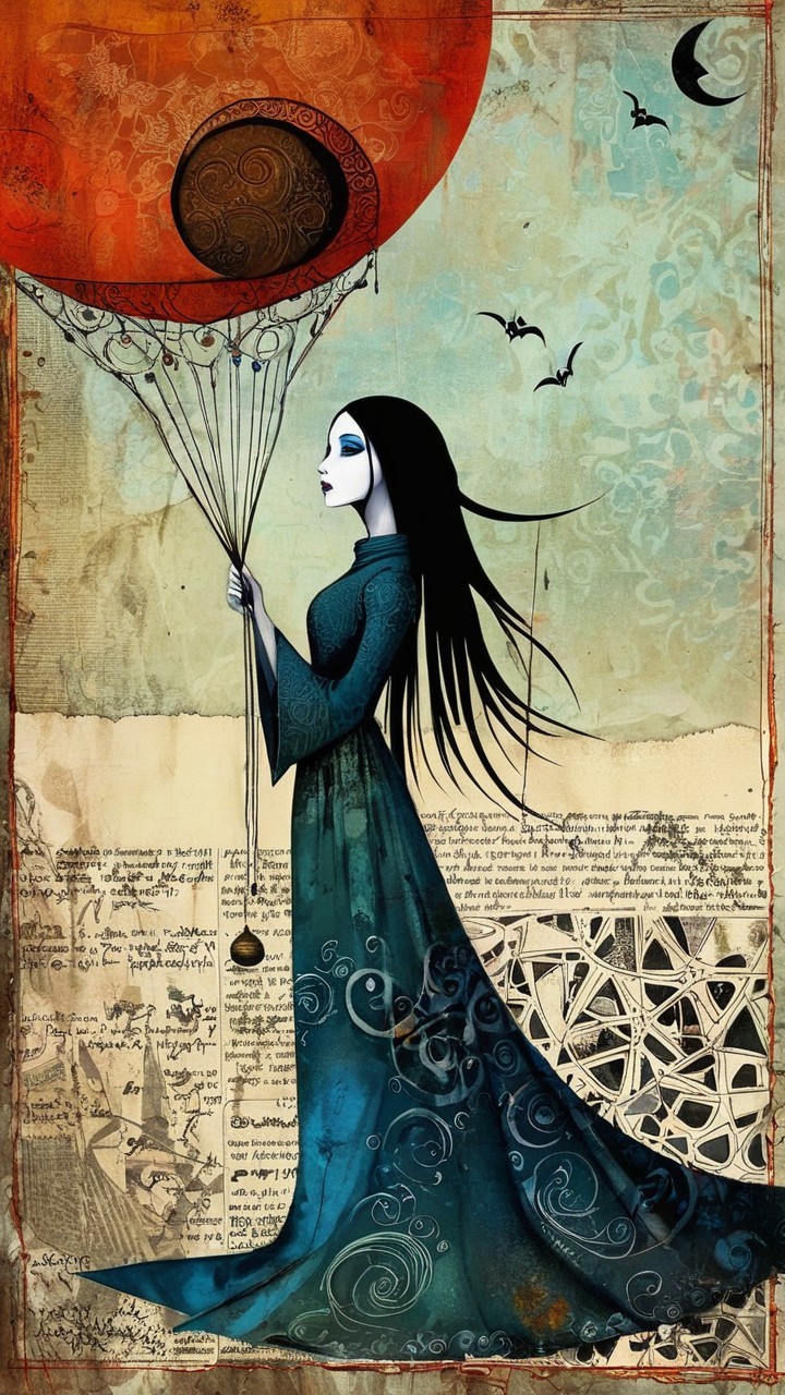 Whimsical Figure with Red Balloon and Textured Backdrop