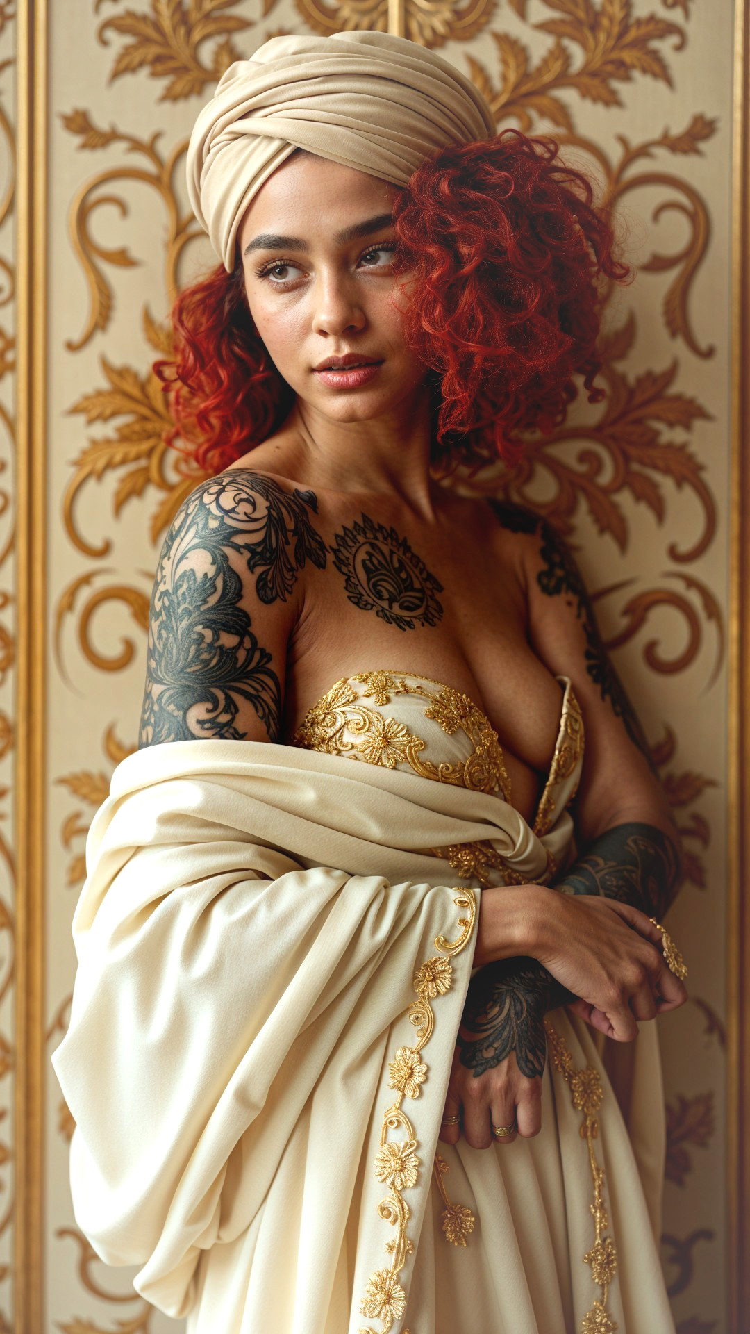 Elegant Woman in Gold Gown with Vibrant Red Hair