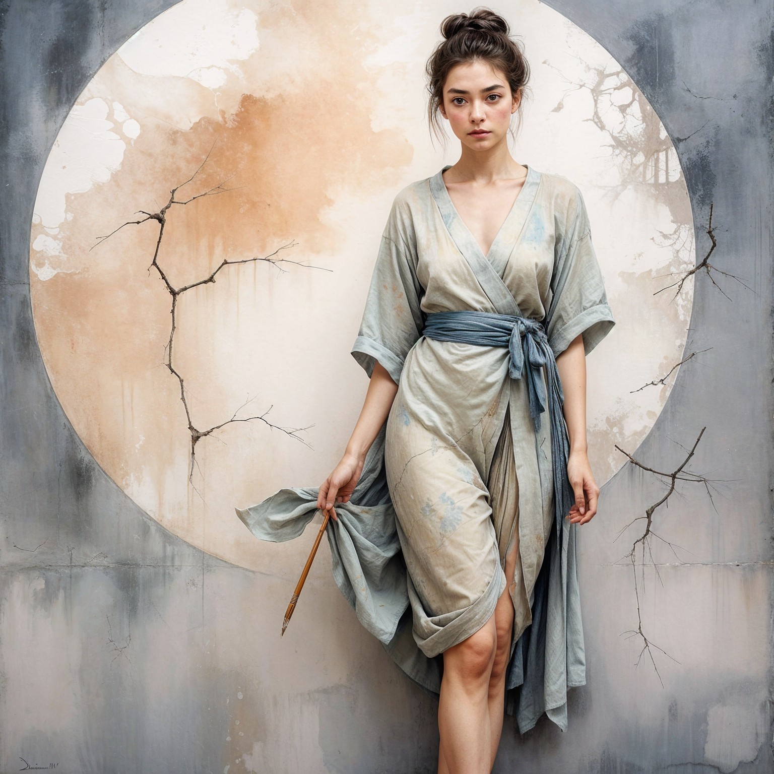 Woman in Kimono Against Moon-Textured Backdrop