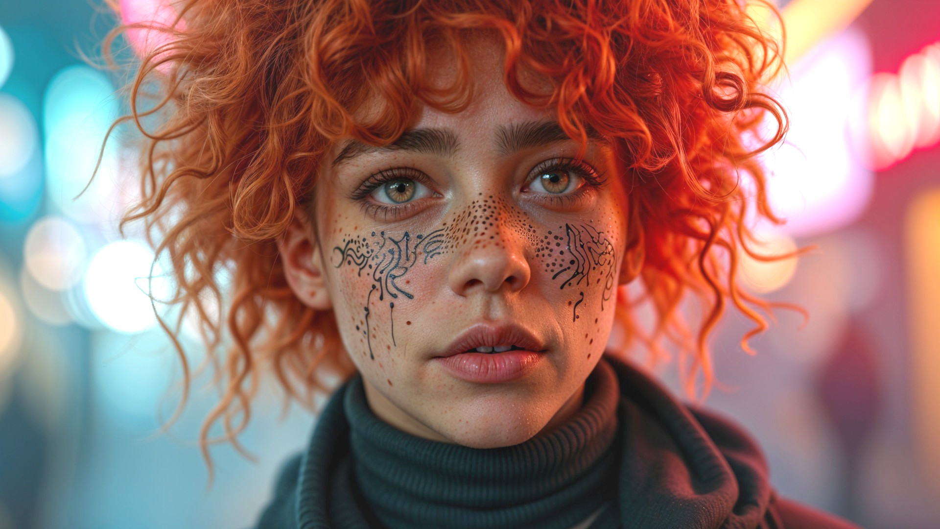 Portrait of a young woman with orange hair and tattoos