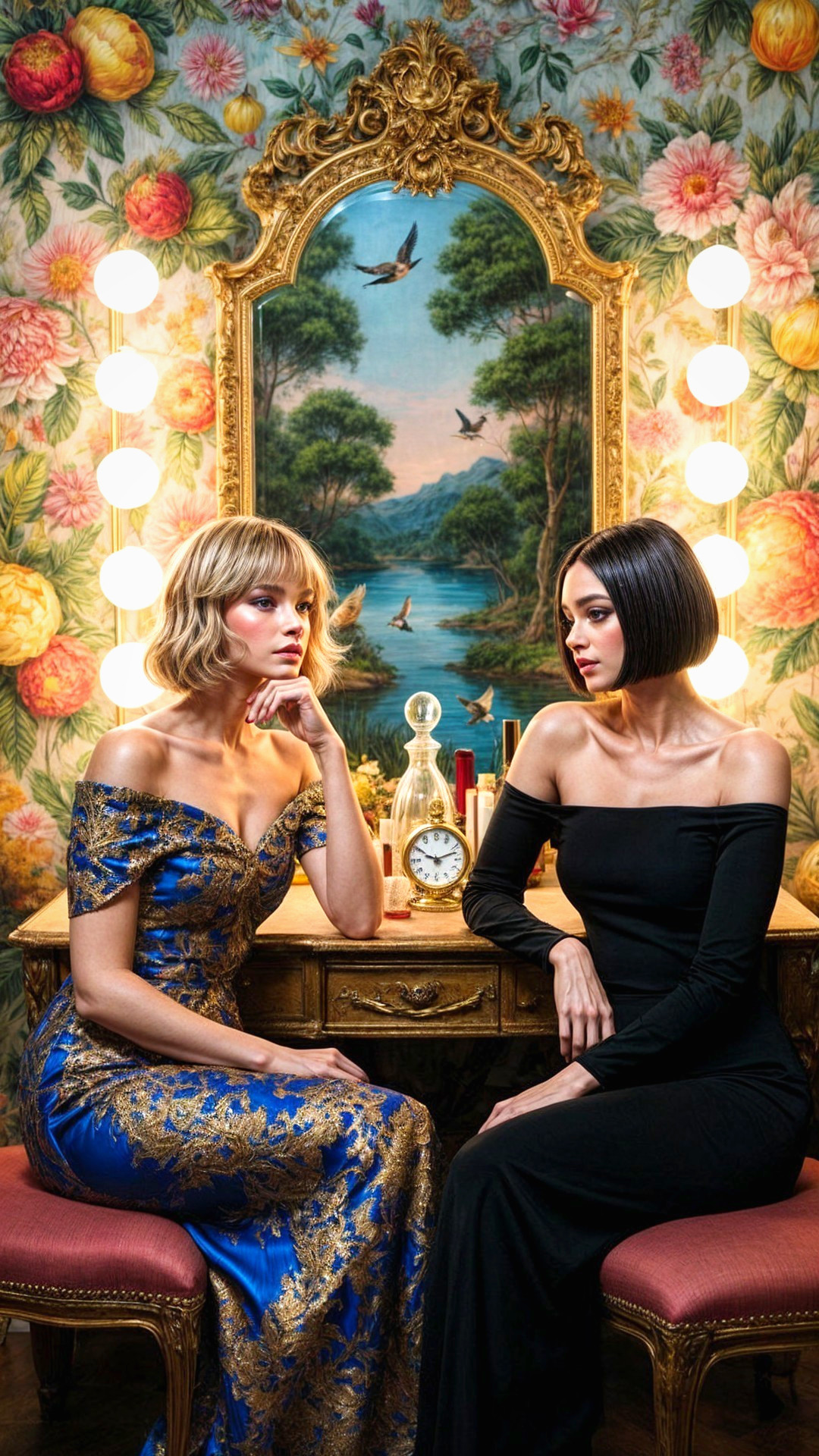 Elegant Women in Vintage Vanity with Floral Wallpaper