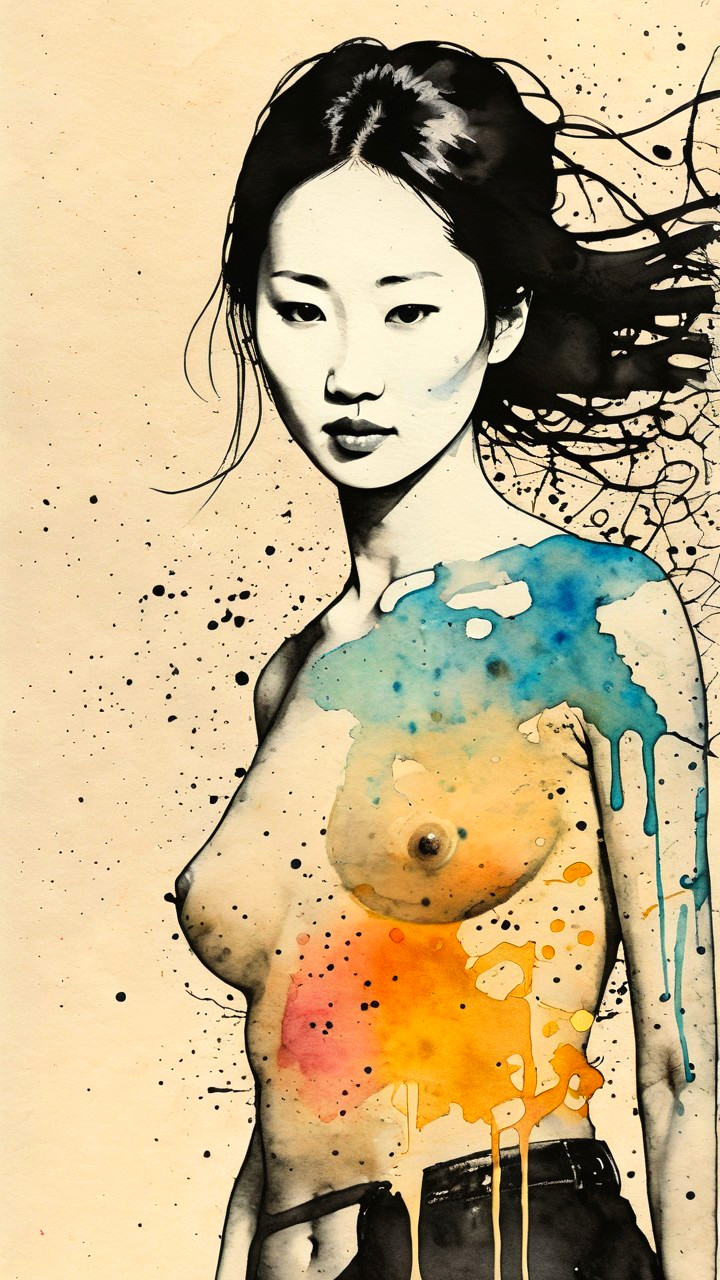 Watercolor Portrait of a Woman with Abstract Accents