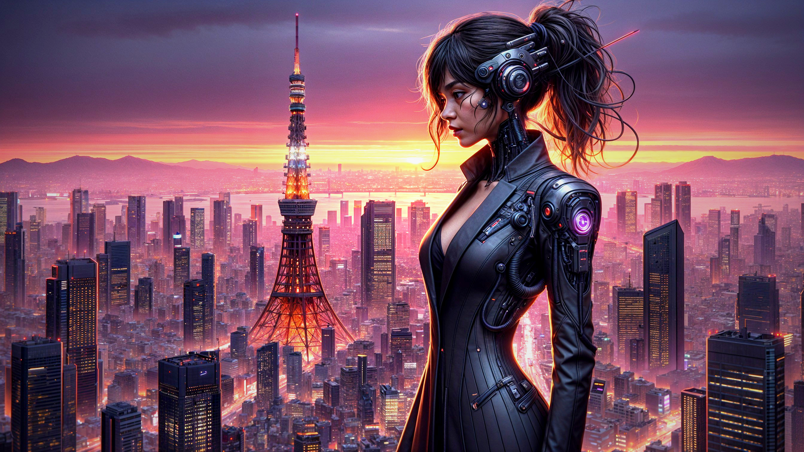 Futuristic Woman in Cybernetic Attire at Sunset Skyline