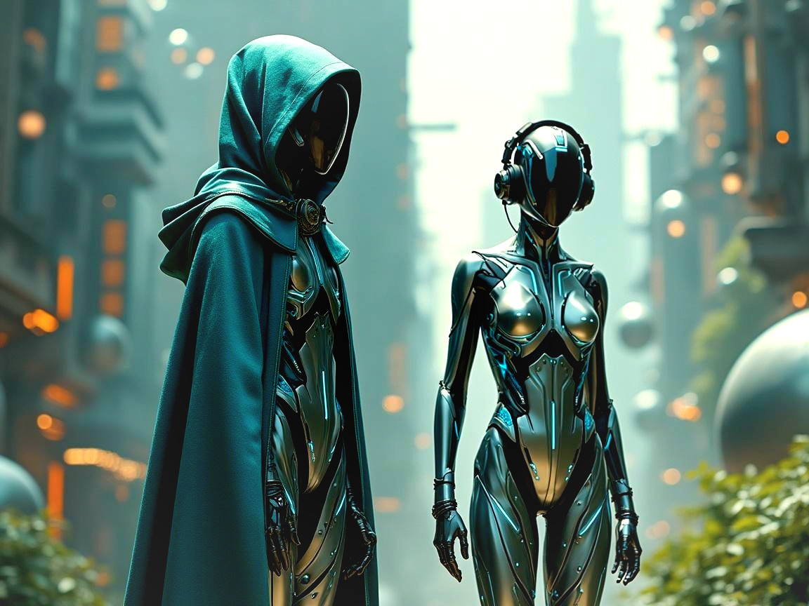 Futuristic humanoid robots in a vibrant urban setting